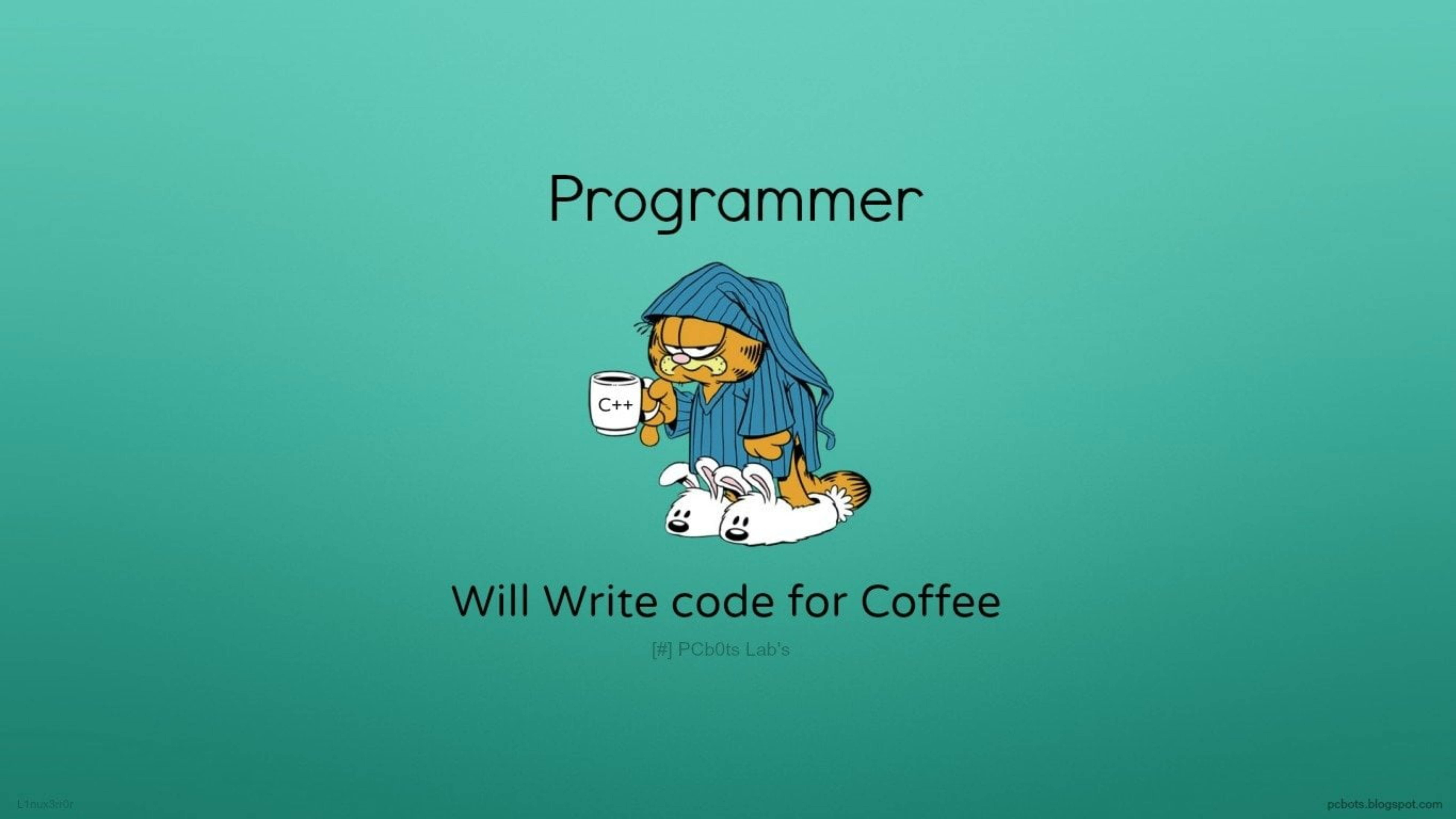 dank 桌布 壁紙 — 加菲貓穿著藍色浴袍，手持C++咖啡杯，杯上寫著 Programmer Will Write Code for Coffee，背景為青綠色。
