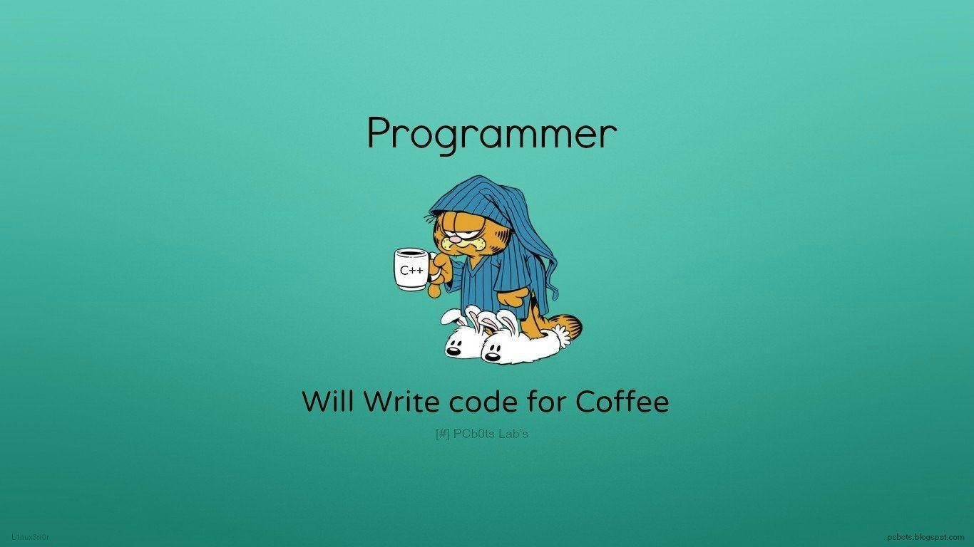 Coder 桌布 壁紙 — 加菲貓穿著藍色睡袍，手持C++咖啡杯，坐在一隻白兔上面，文字寫著 Programmer Will Write Code for Coffee。