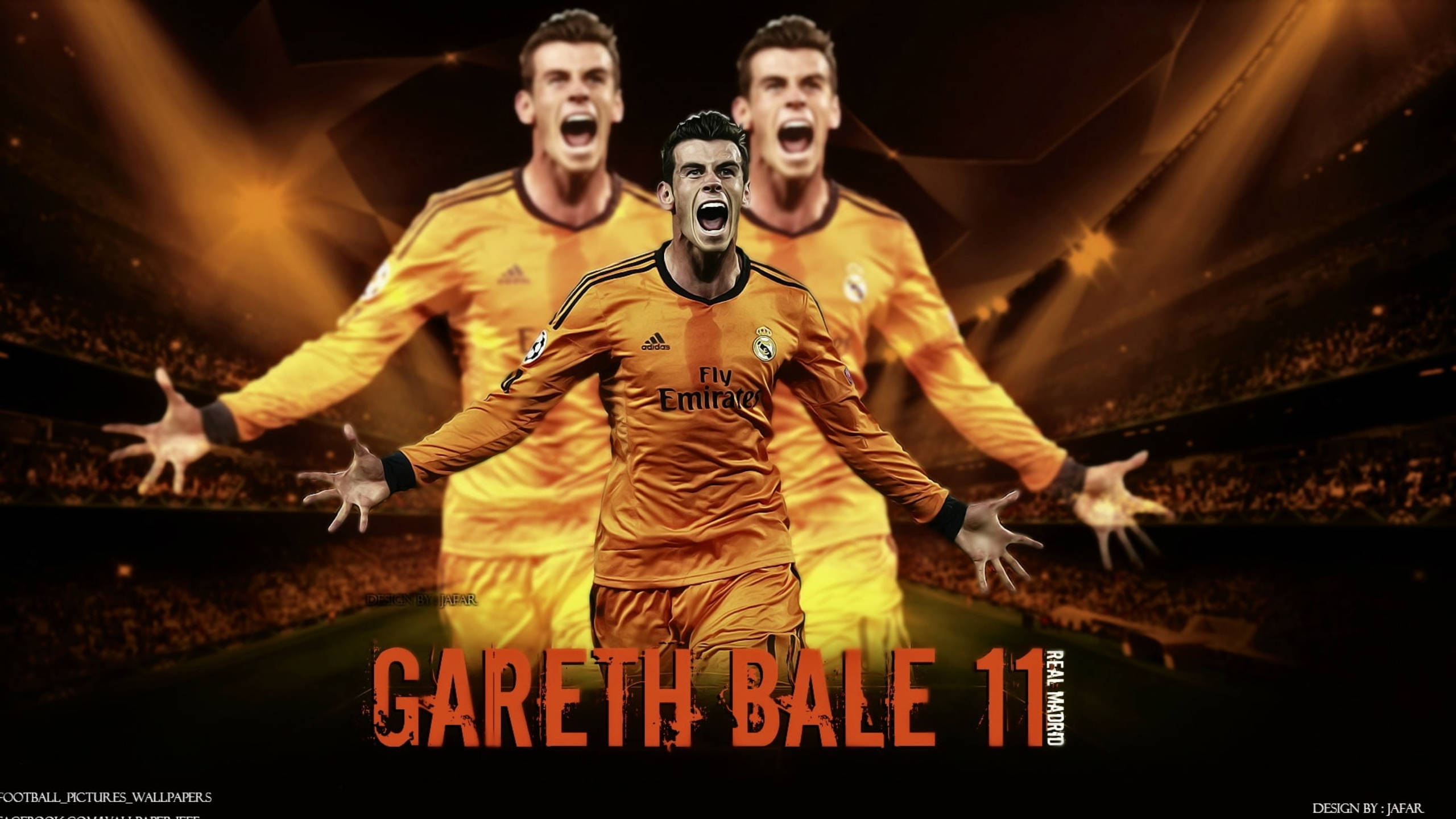 Gareth Bale 桌布 壁紙 — 加里夫巴利身穿橙色皇家馬德里球衣，在球場燈光下張開雙臂勝利慶祝。
