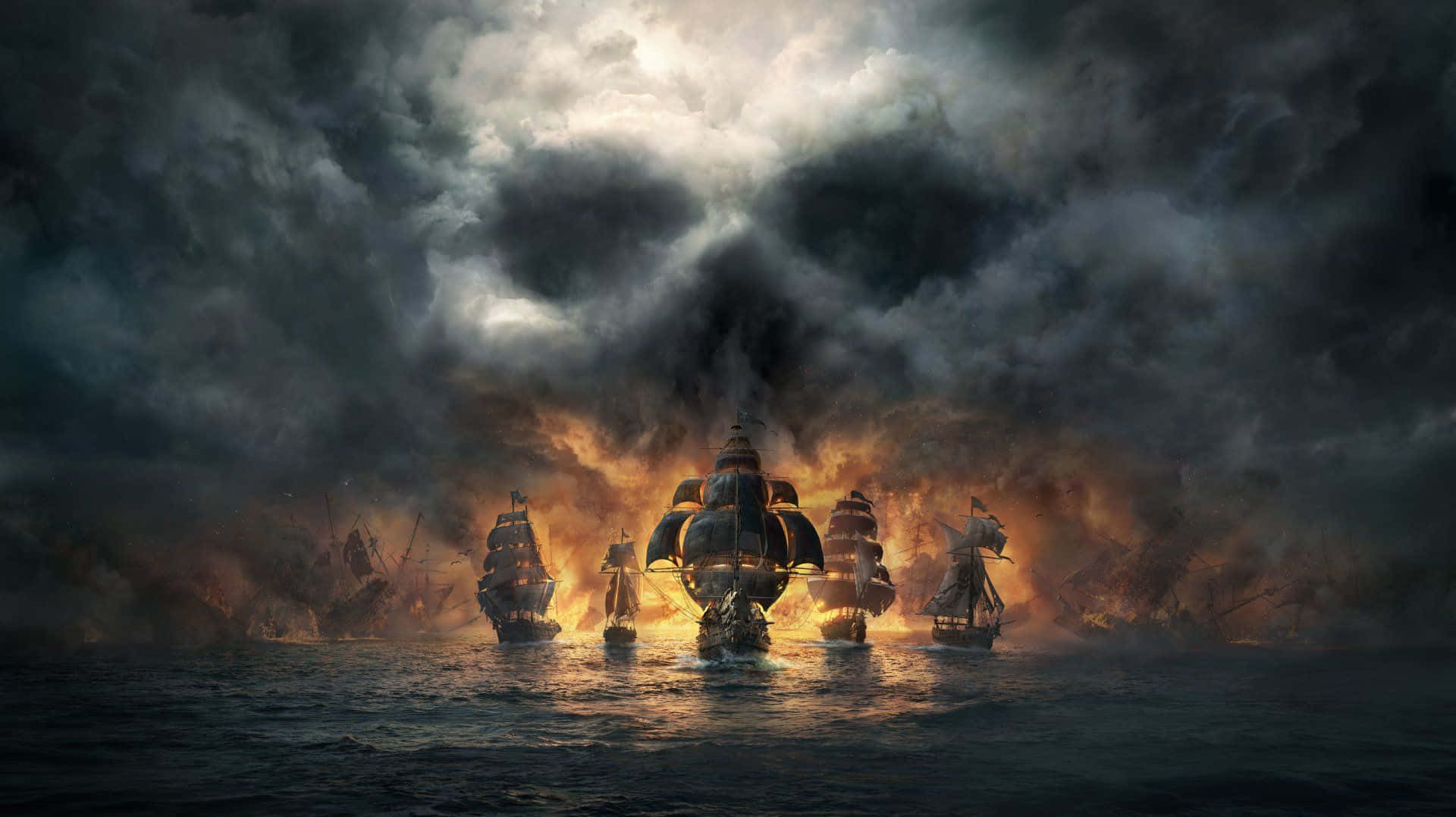 海盜 桌布 壁紙 — 加里昂戰艦在暴風雨的天空下戰鬥，熾熱的爆炸照亮了黑暗的大海。