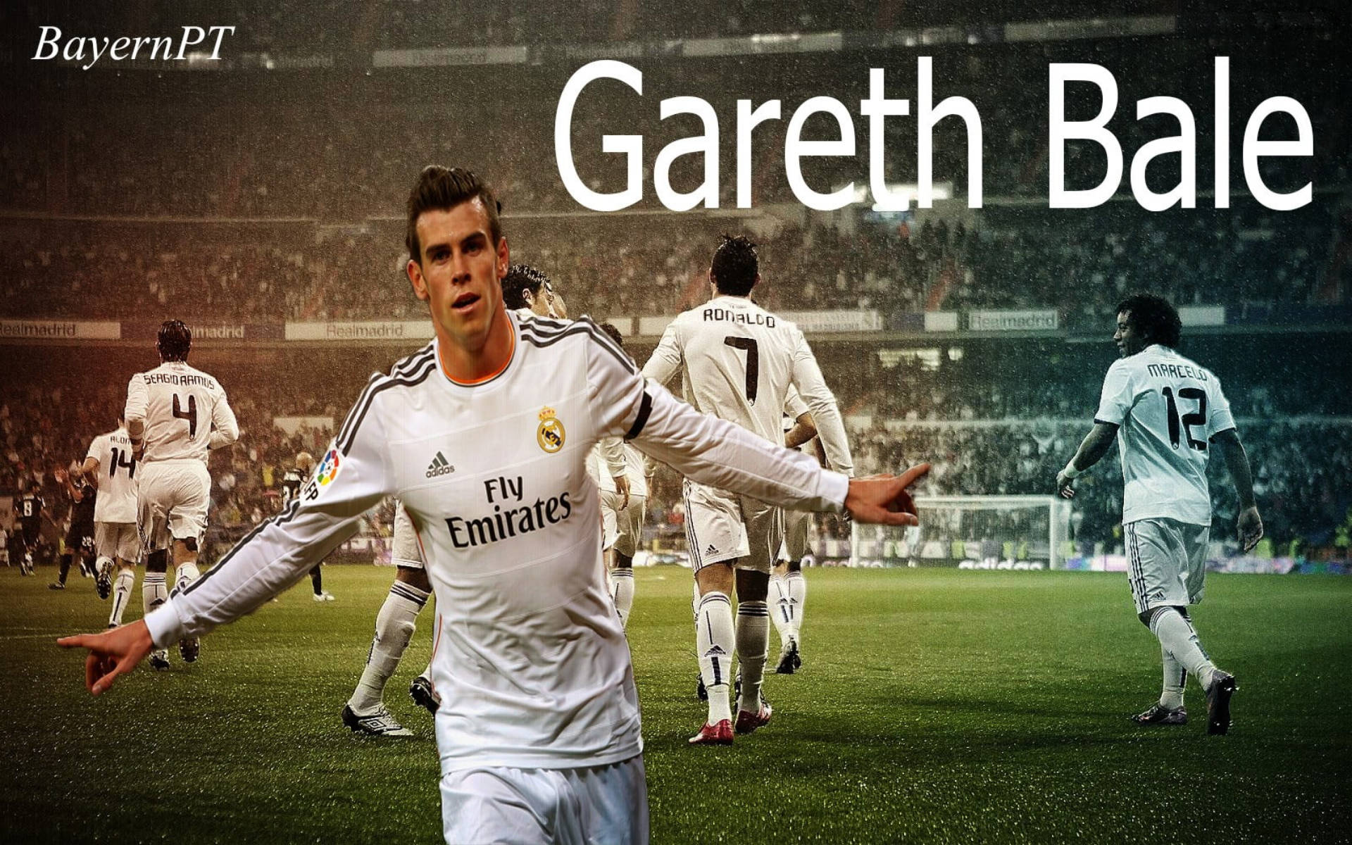 Gareth Bale 桌布 壁紙 — 加雷斯貝爾身穿白色皇家馬德里球衣，在體育場燈光下，在充滿活力的綠色足球場上張開雙臂慶祝進球。