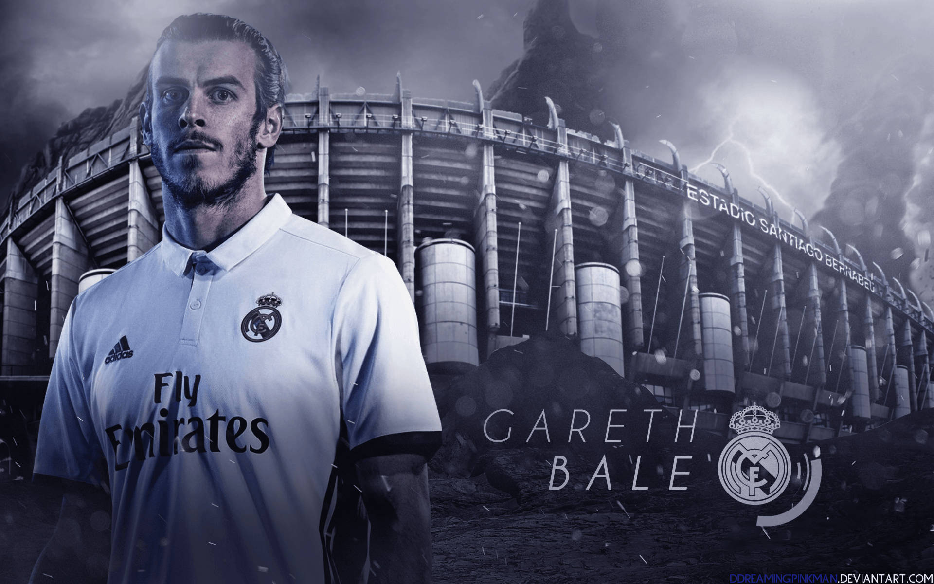 Gareth Bale 桌布 壁紙 — 加雷斯貝爾身穿皇家馬德里球衣，在暴風雨的天空下，戲劇性的燈光中站在聖地亞哥伯納烏球場前。