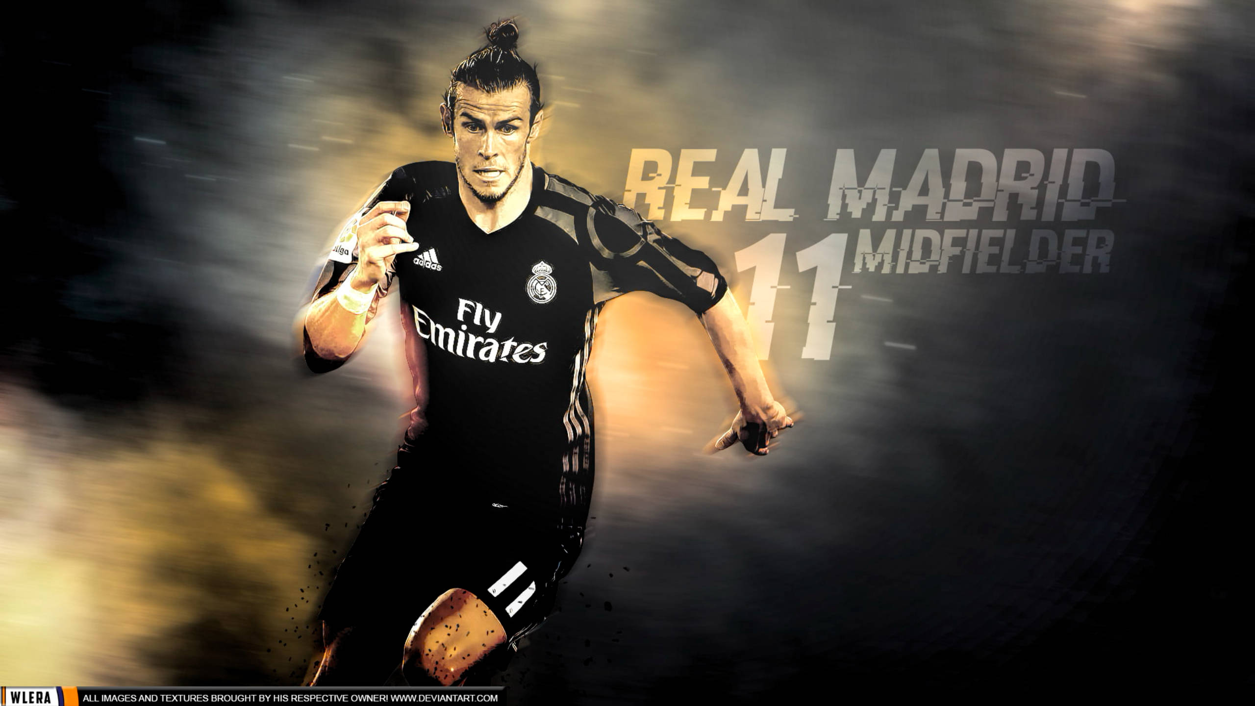 Gareth Bale 桌布 壁紙 — 加雷斯貝爾身穿皇家馬德里球衣衝刺的動態數位藝術肖像，帶有動態模糊和發光效果。