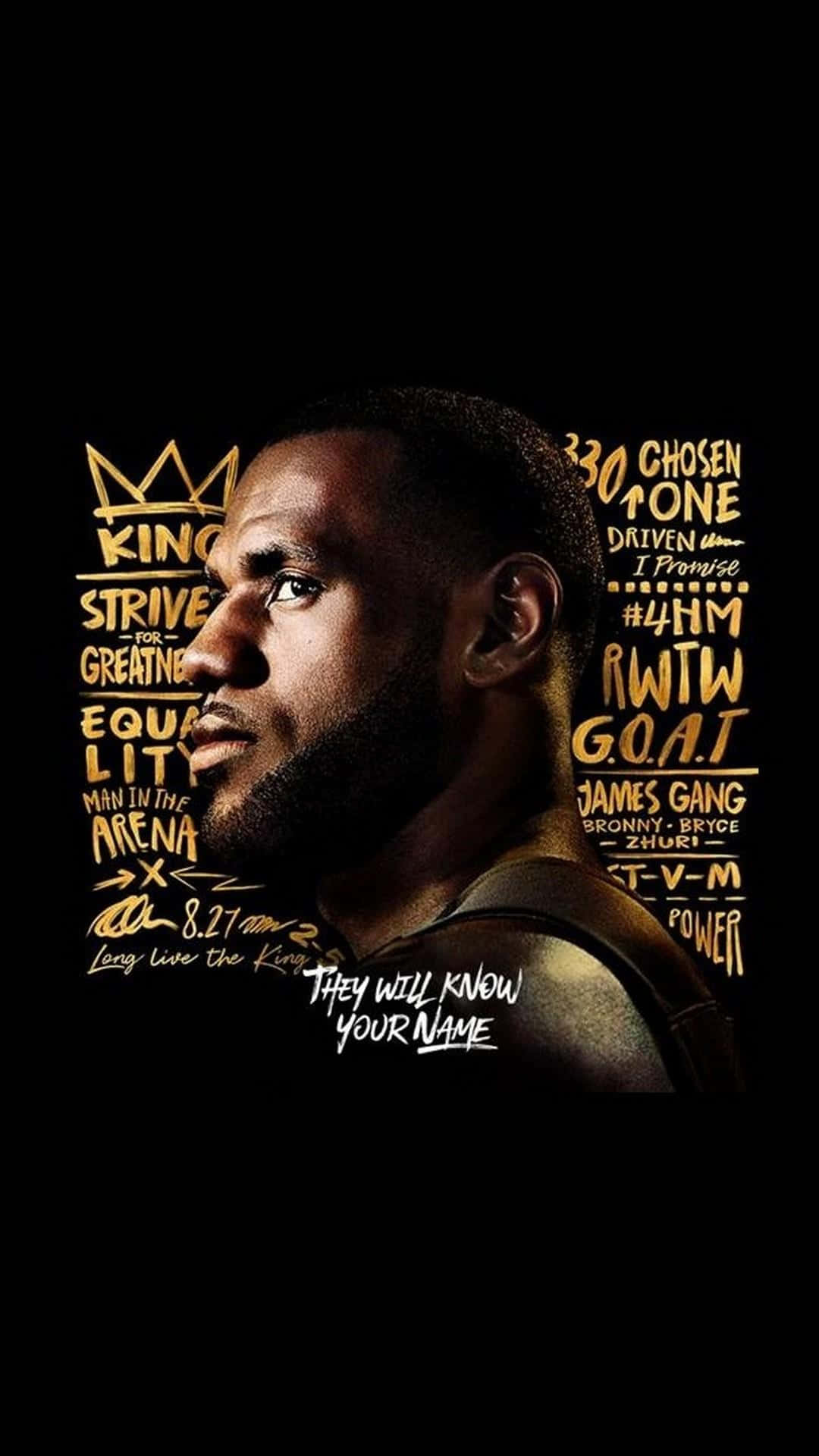 King LeBron James 桌布 壁紙 — 勒布朗·詹姆斯側面輪廓，黑色背景，金色勵志文字及皇冠圖案。
