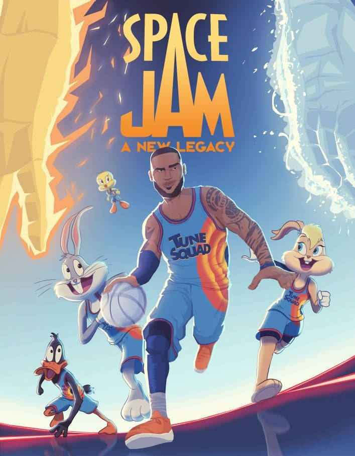 Space Jam 2 桌布 壁紙 — 勒布朗·詹姆斯與Looney Tunes角色身穿Tune Squad球衣，在充滿火焰與冰裂的宇宙背景下動態跳躍。