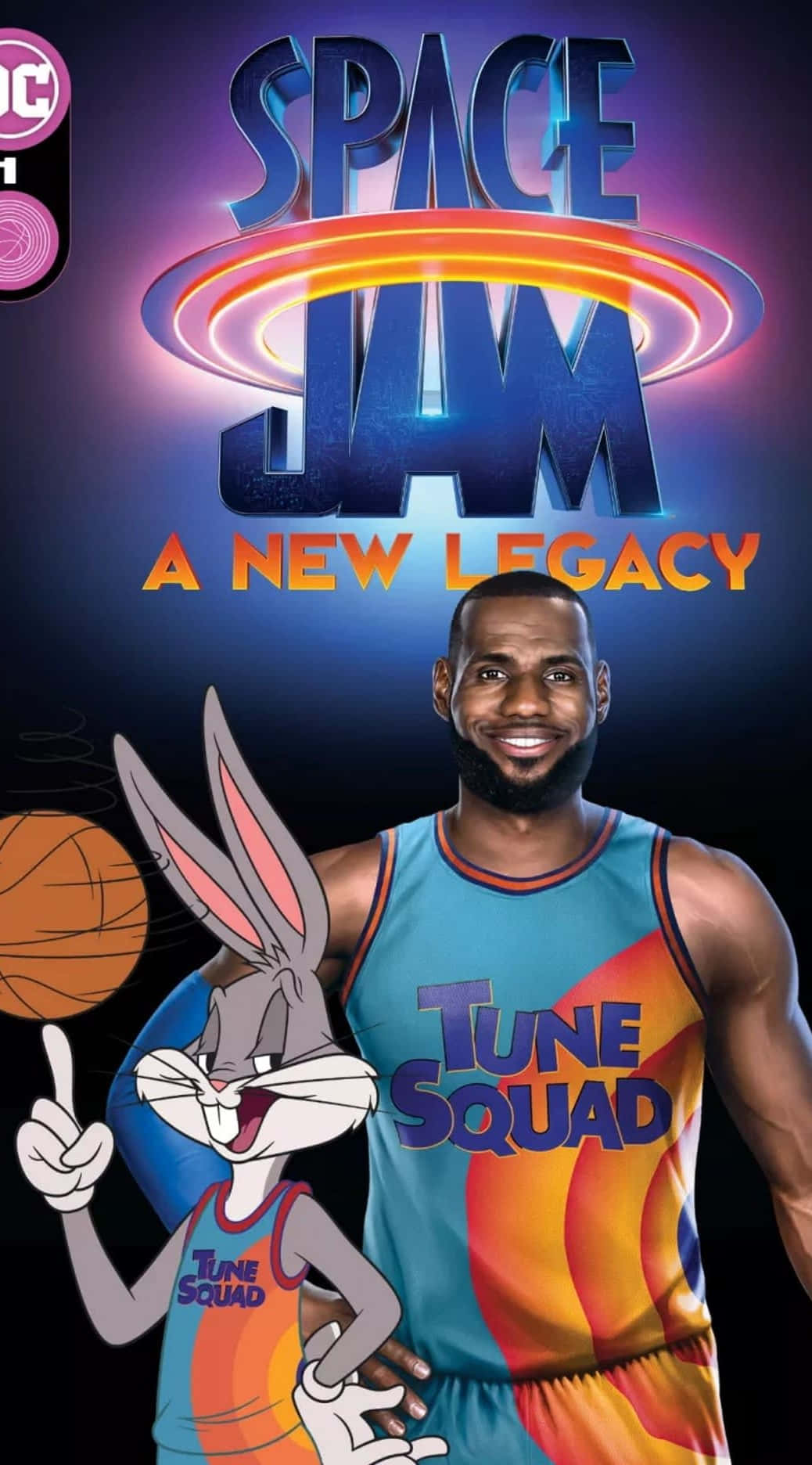 怪物奇兵 桌布 壁紙 — 勒布朗·詹姆斯與賓尼兔身穿Tune Squad球衣，在發光的Space Jam標誌背景前自信地擺姿勢。