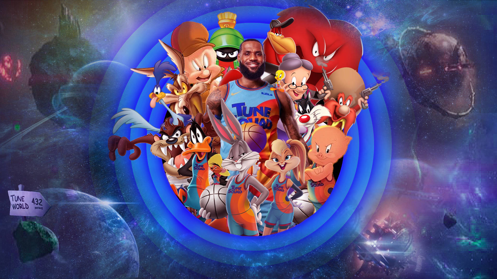 Space Jam 2 桌布 壁紙 — 勒布朗·詹姆斯身穿Tune Squad球衣，在充滿行星和恆星的宇宙競技場中被樂一通角色包圍。