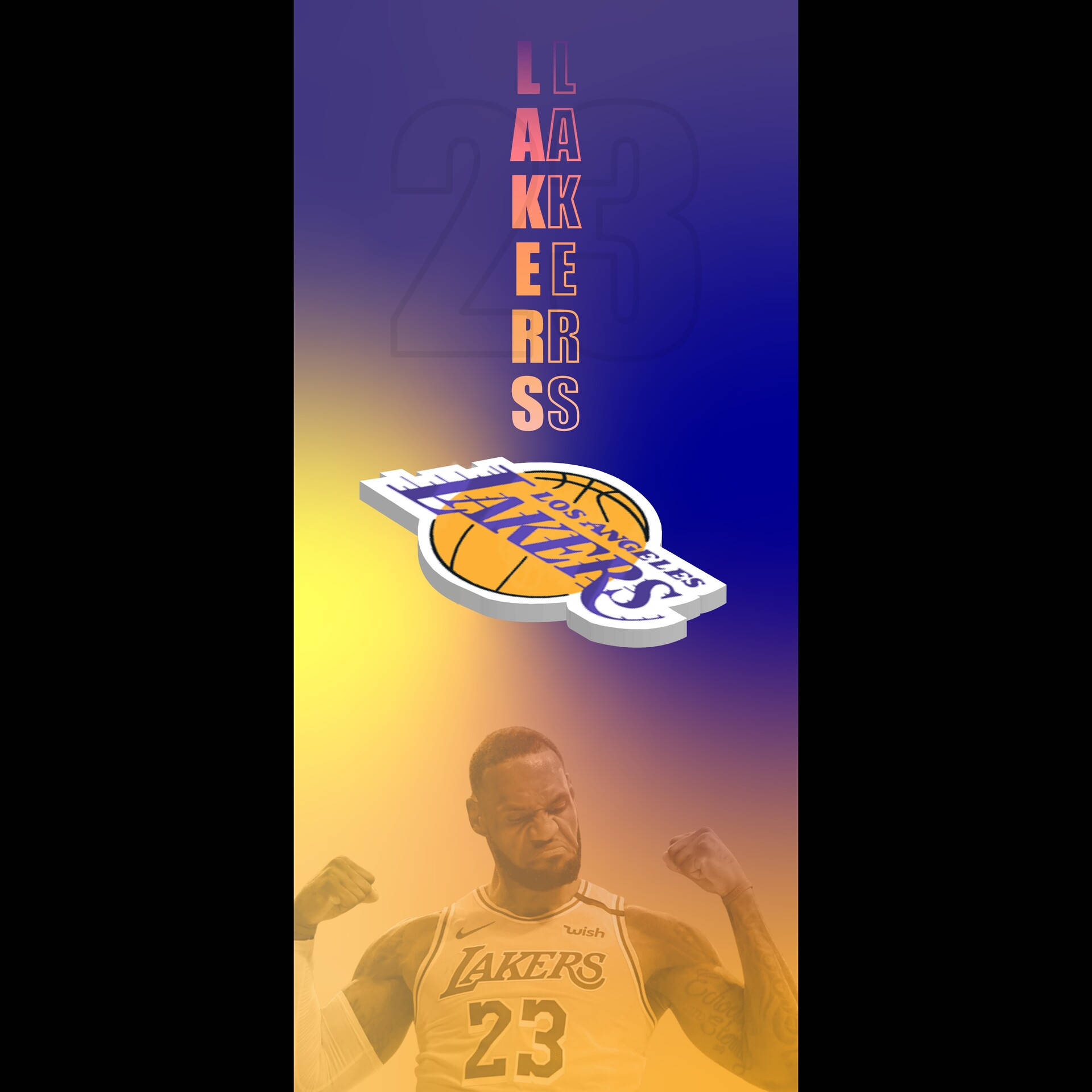 Lakers iPhone 桌布 壁紙 — 勒布朗·詹姆斯身穿湖人球衣，在漸變天空下展示球隊標誌和23號垂直排列。