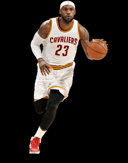 Athlete 桌布 壁紙 — 勒布朗·詹姆斯身穿白色騎士隊球衣，在黑色背景下運球邁步。