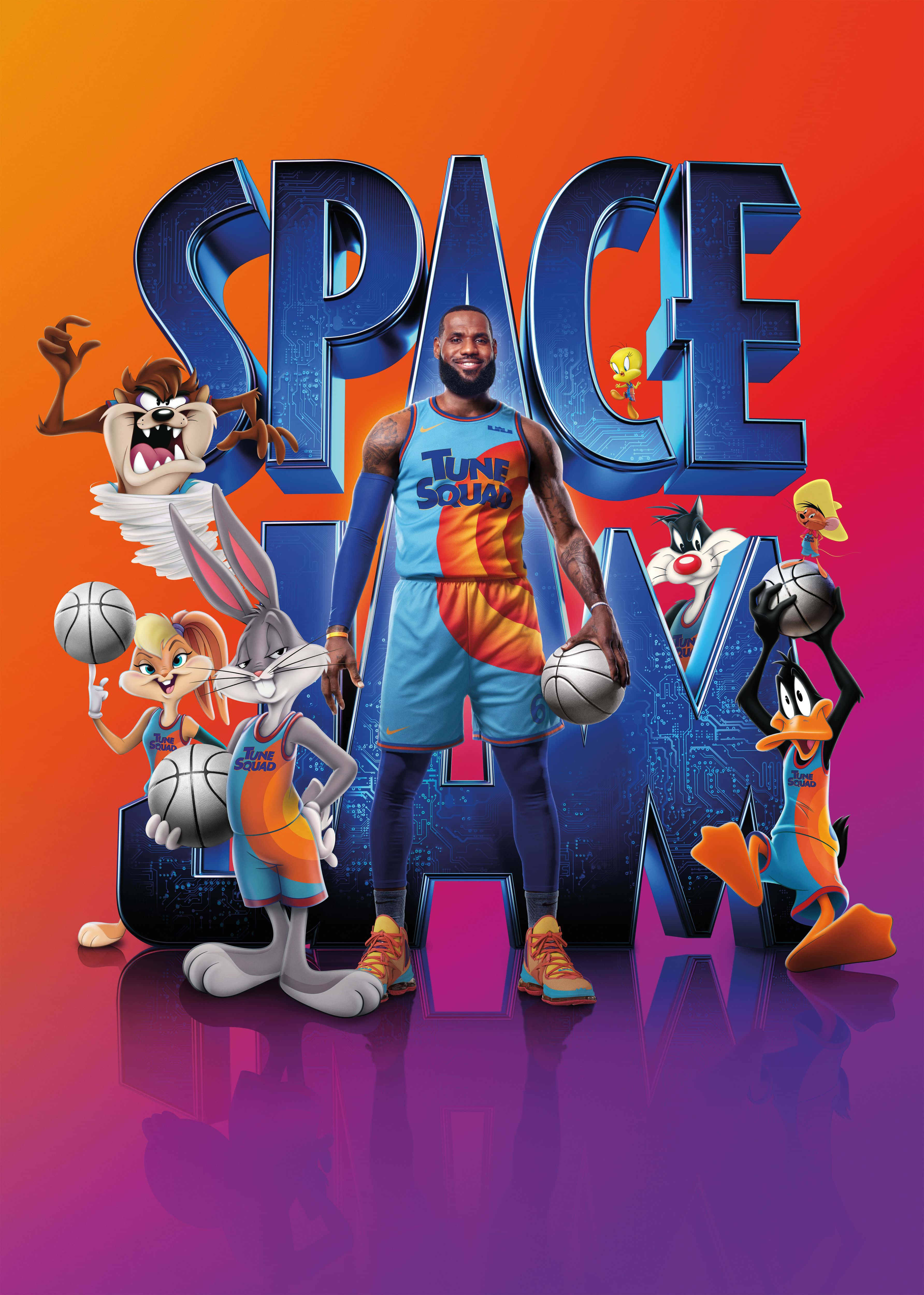 Space Jam A New Legacy 桌布 壁紙 — 勒布朗·詹姆斯身穿籃球制服，與手持籃球的樂一通角色站在充滿活力的漸變背景前，背景上有大型3D文字。