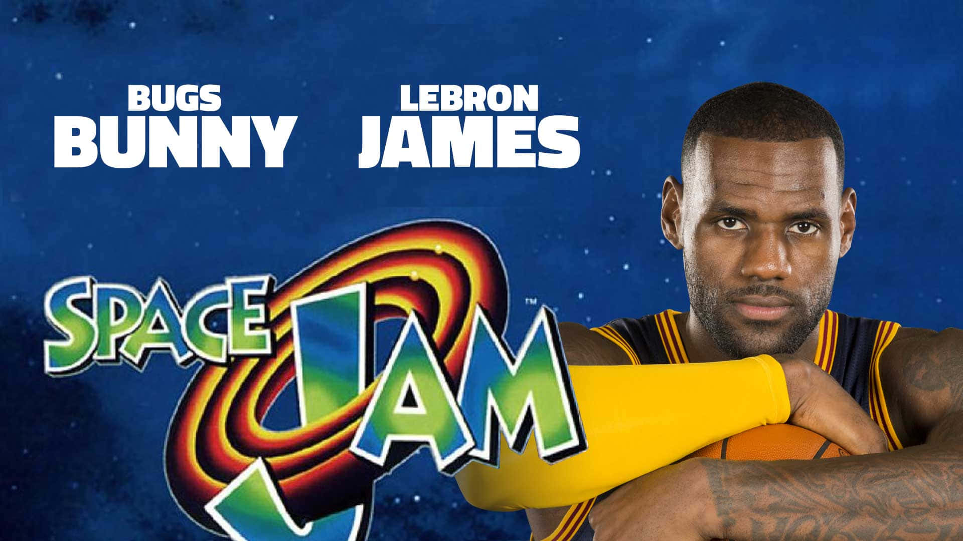 Space Jam A New Legacy 桌布 壁紙 — 勒布朗·詹姆斯身穿黃色球衣，在星空藍色背景前手持籃球，背景有賓尼兔和太空也入樽標誌。