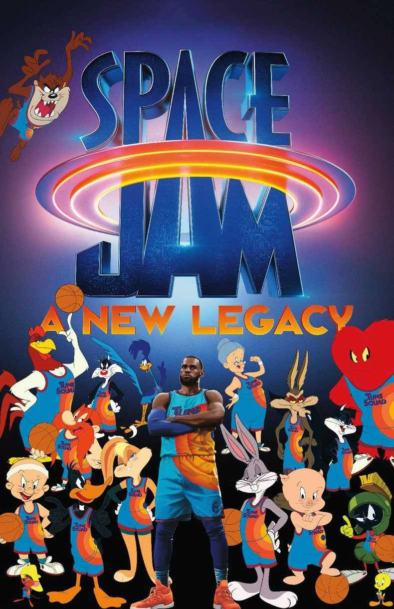 Space Jam 2 桌布 壁紙 — 勒布朗詹姆斯自信地穿著籃球制服，在發光的「SPACE JAM」文字下被樂一通角色包圍。