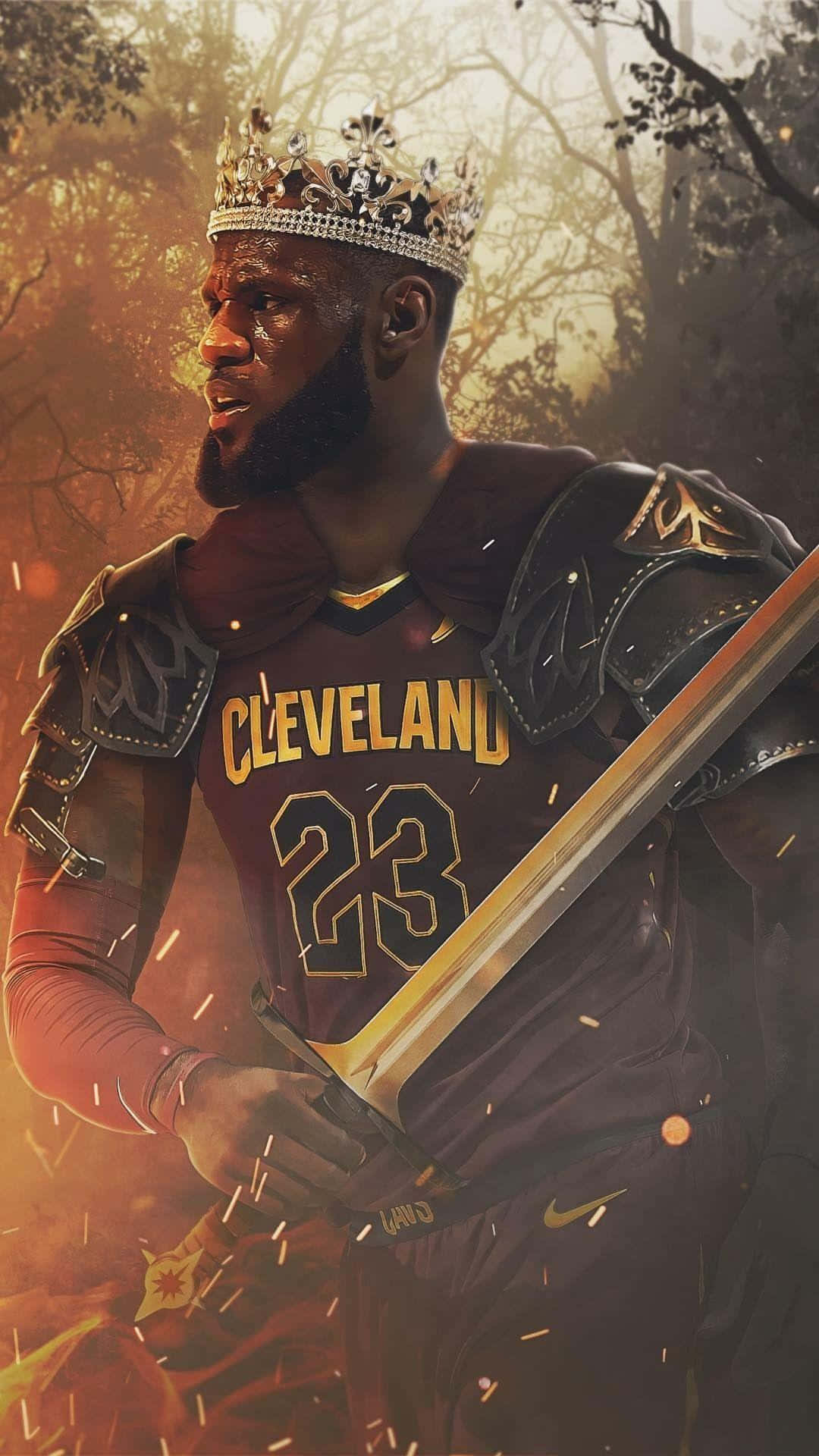 King LeBron James 桌布 壁紙 — 勒布朗詹姆斯身穿克里夫蘭球衣，頭戴鑲有寶石的王冠，在森林中火花四濺的場景中手持寶劍。