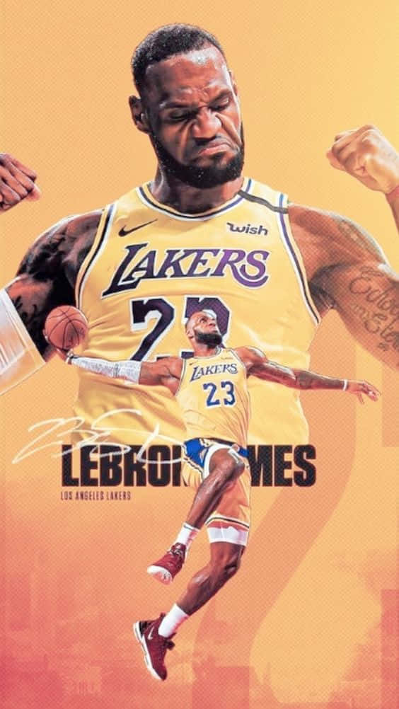 King LeBron James 桌布 壁紙 — 勒布朗詹姆斯身穿湖人球衣，在溫暖漸變背景上動態跳躍，手持籃球。