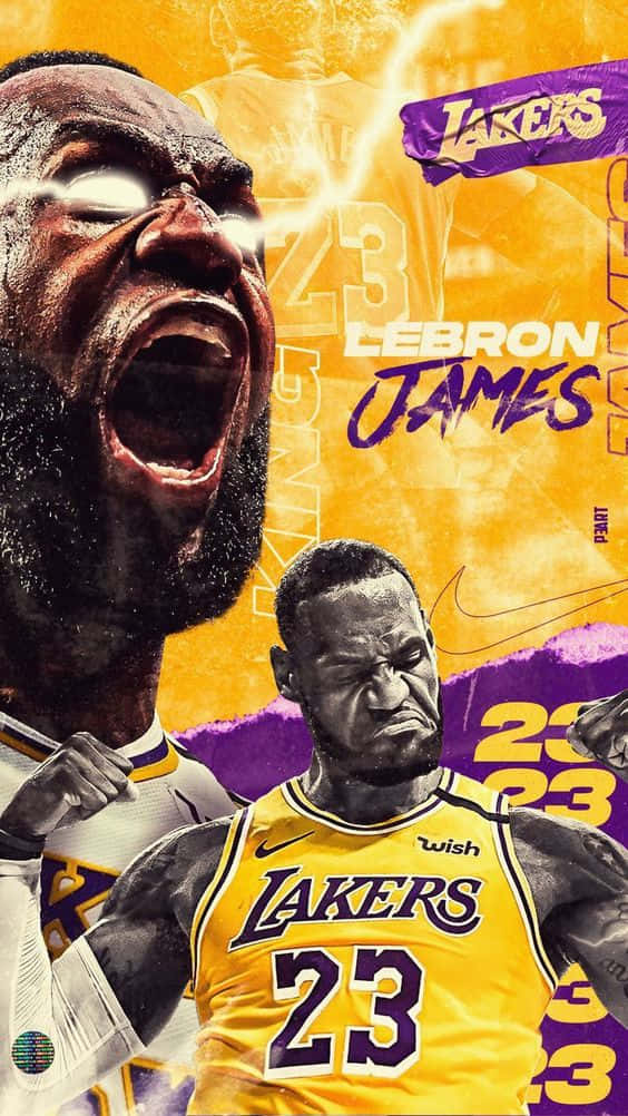 King LeBron James 桌布 壁紙 — 勒布朗詹姆斯身穿湖人球衣，在電光黃色和紫色背景及粗體字體下咆哮。