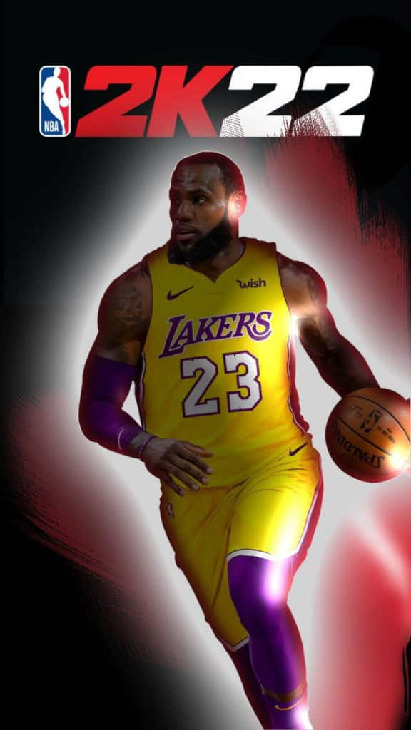 NBA 桌布 壁紙 — 勒布朗詹姆斯身穿湖人球衣，在黑暗背景下運球，帶有發光效果。