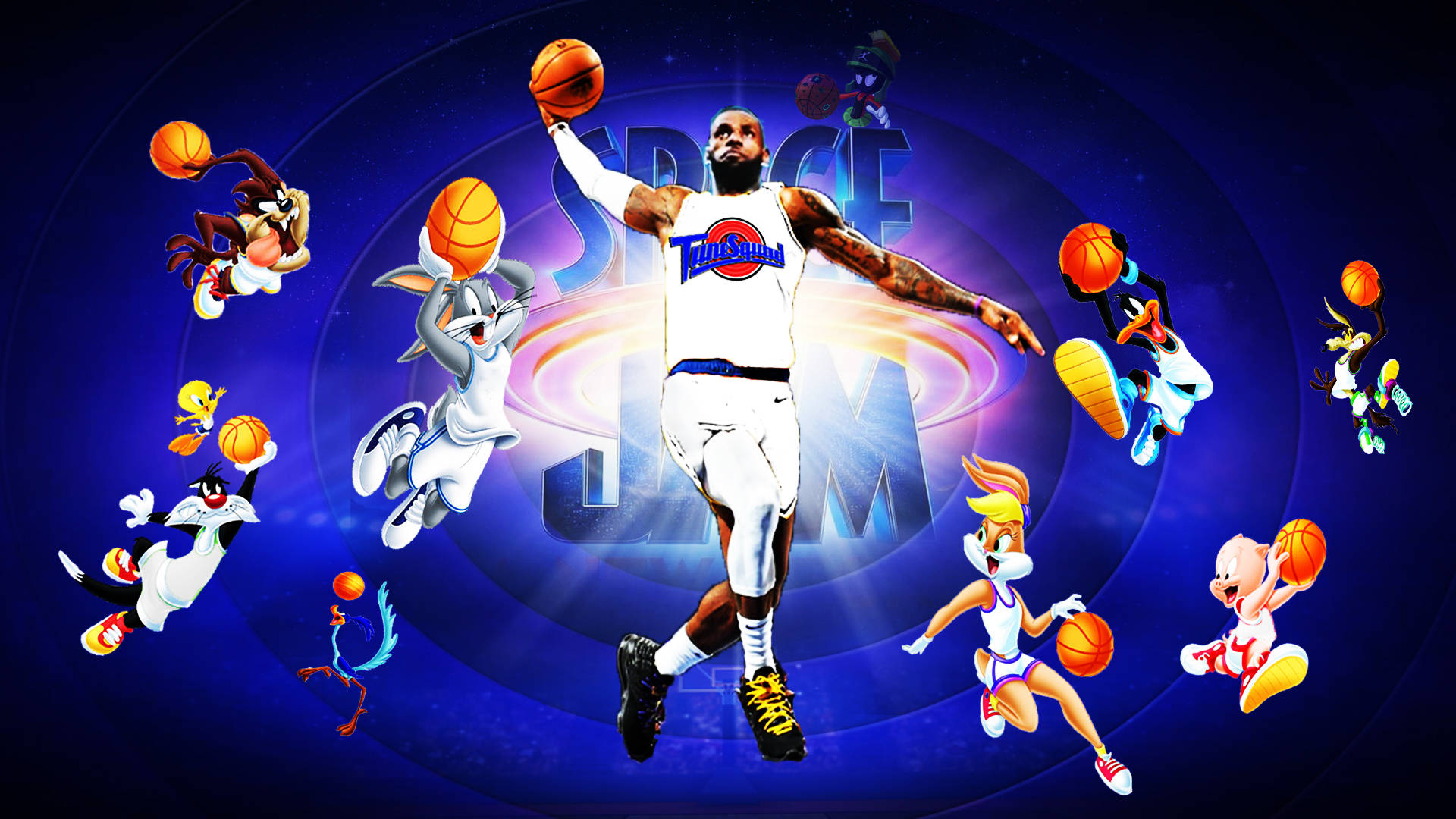 Space Jam 2 桌布 壁紙 — 勒布朗詹姆斯身穿白色球衣，在宇宙藍色背景下被一群運球的樂一通角色包圍，動態跳躍。