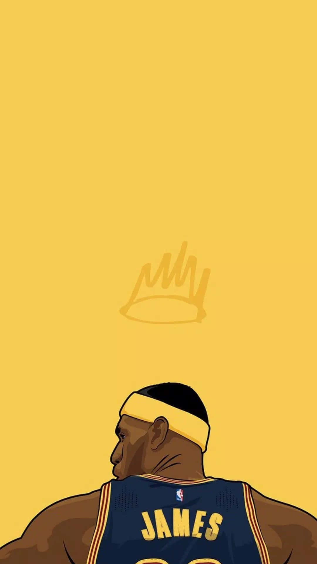 Aesthetic NBA 桌布 壁紙 — 勒布朗詹姆斯身穿藍色球衣，背後印有「JAMES」字樣，從背後觀看的風格化插圖，背景為純黃色，頭頂上方有一個模糊的皇冠。