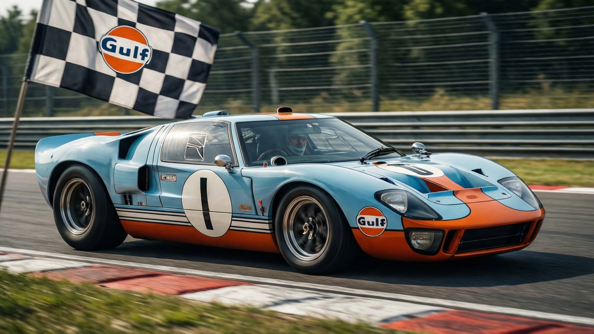 勒芒GT40 壁紙 — 一輛經典的 Gulf Ford GT40 賽車在賽道上疾馳，背景中揮舞著方格旗。