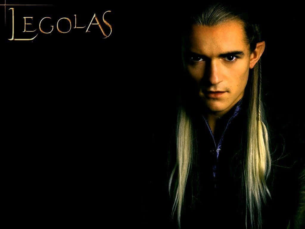 legolas 桌布 壁紙 — 勒苟拉斯（Legolas）的戲劇性肖像，長長的金色頭髮和尖耳朵，在黑暗背景中照亮。