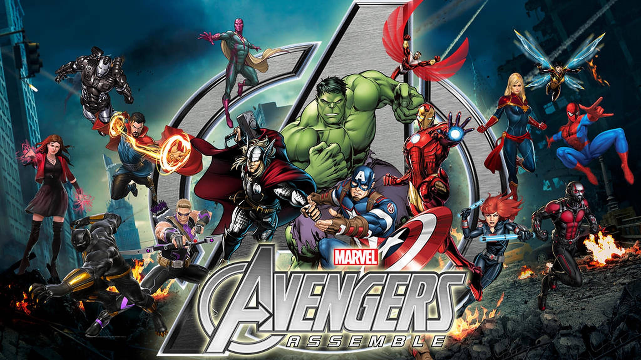 Assemble 桌布 壁紙 — 動感Marvel復仇者聯盟在風暴天空下於熾熱的城市戰場集結。
