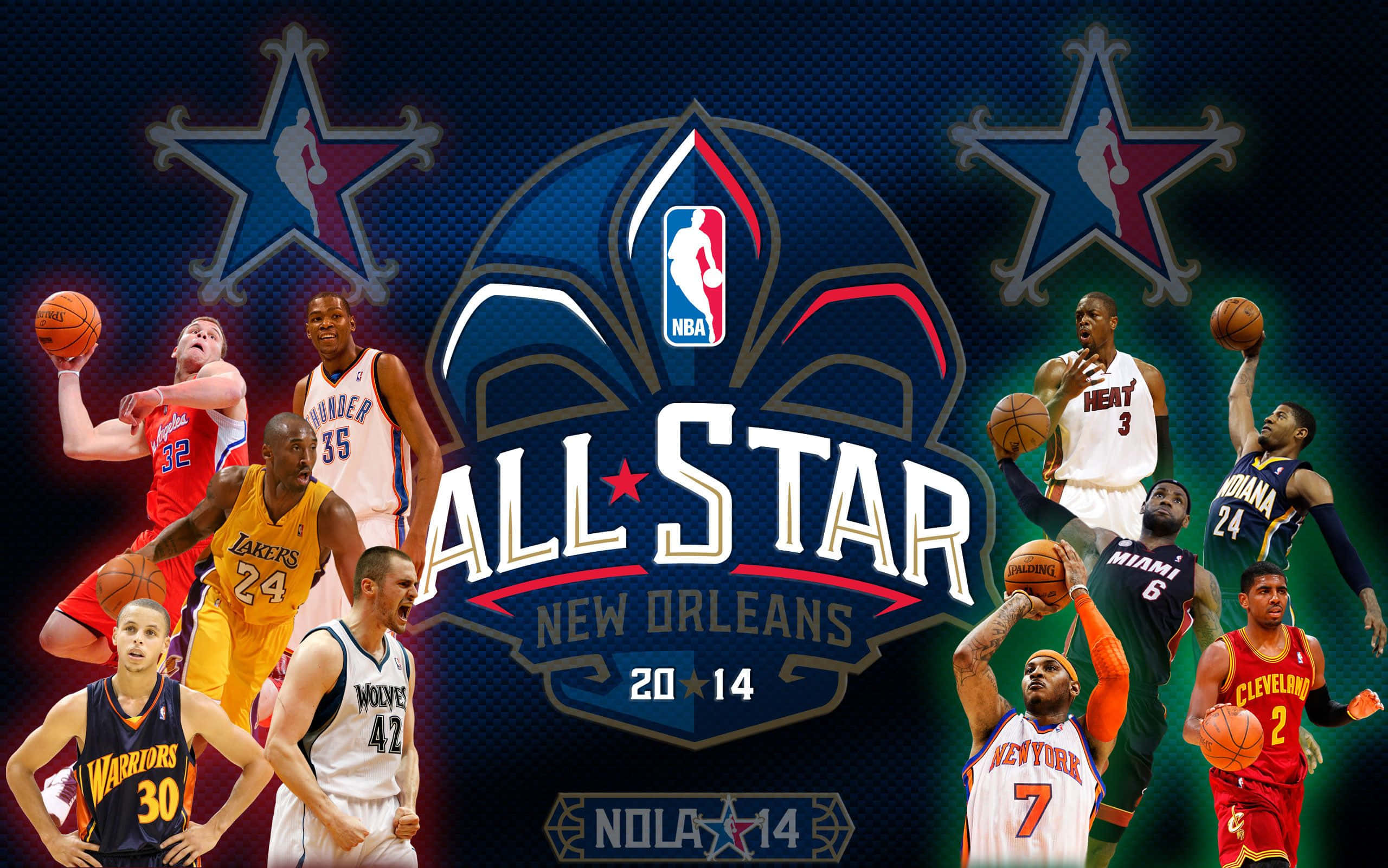 NBA 桌布 壁紙 — 動感NBA全明星2014海報，頂級球員在深藍色星星主題背景上擺出動作姿勢。