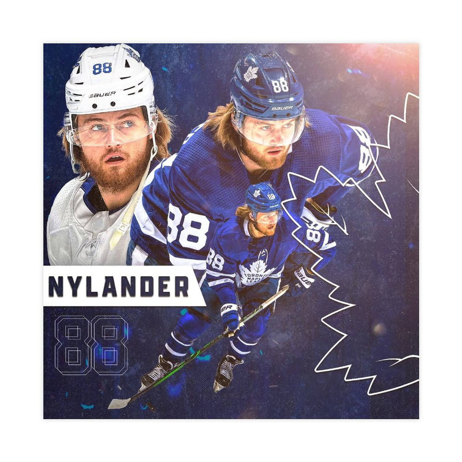 hockey 桌布 壁紙 — 動感冰球運動員Nylander身穿藍色多倫多楓葉隊88號球衣，在宇宙背景下擺出動作姿勢。