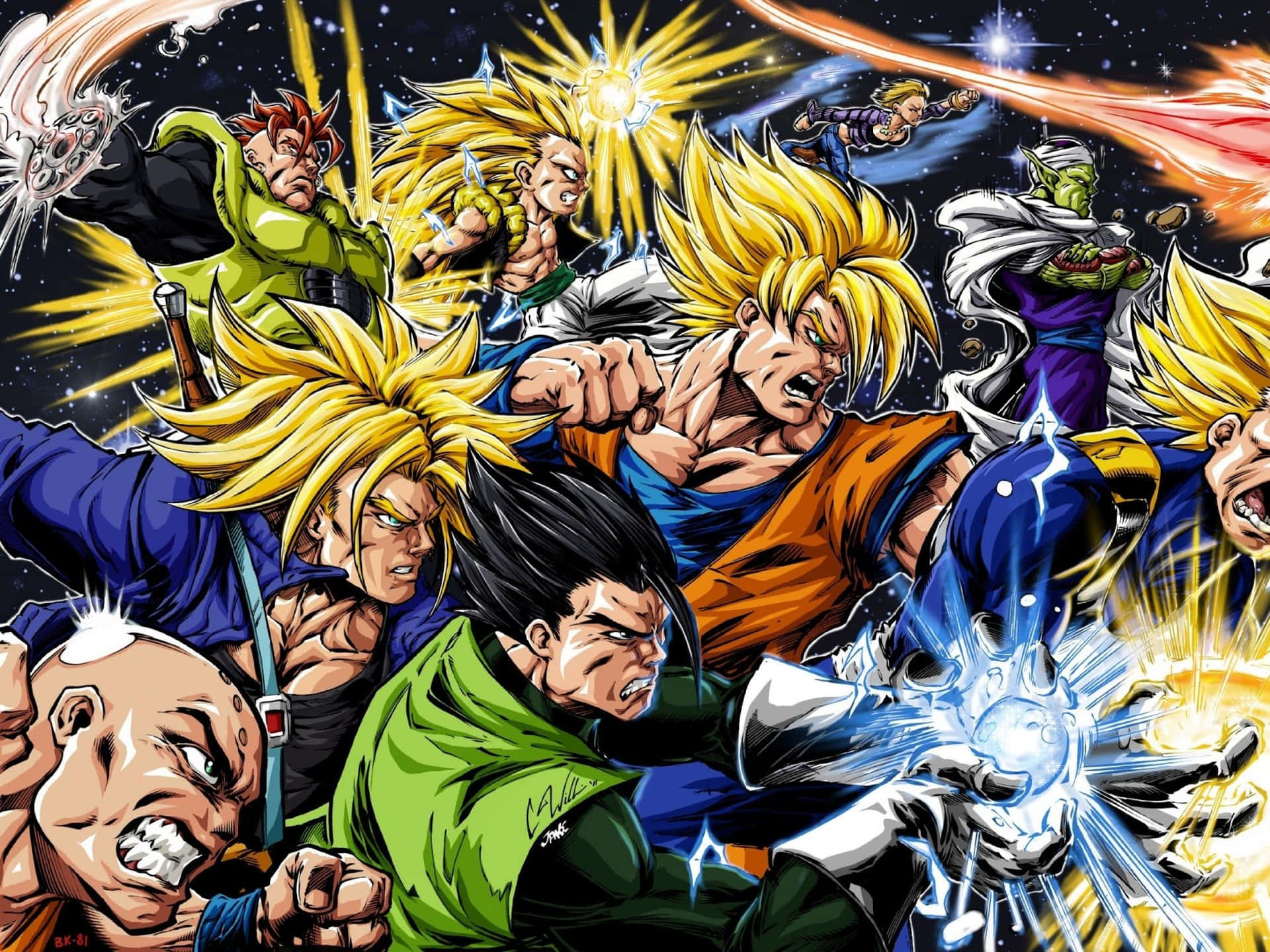 Manga Characters 桌布 壁紙 — 動感動漫戰士在星空下的宇宙戰鬥中釋放能量爆炸。