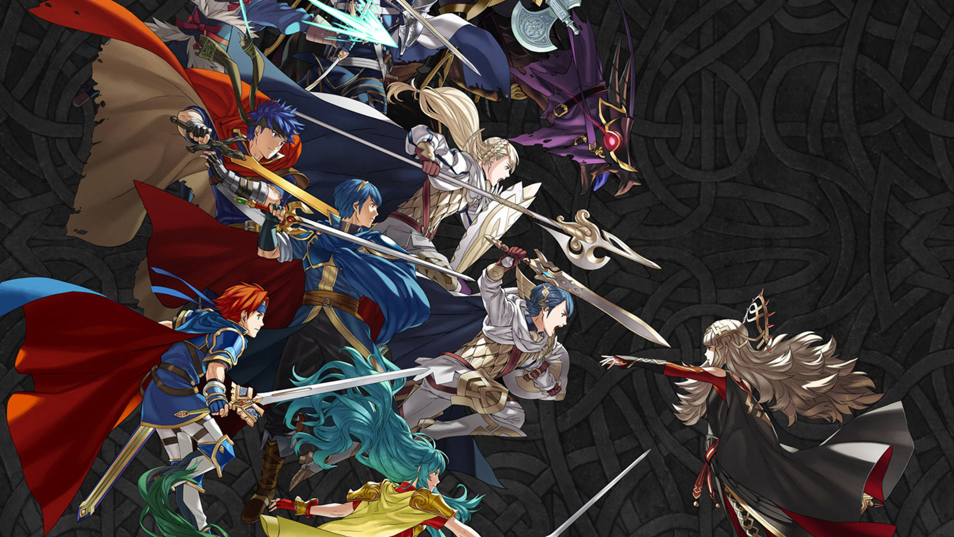 動漫角色在黑暗圖案背景前用劍戰鬥。 — Fire Emblem Warriors 壁紙