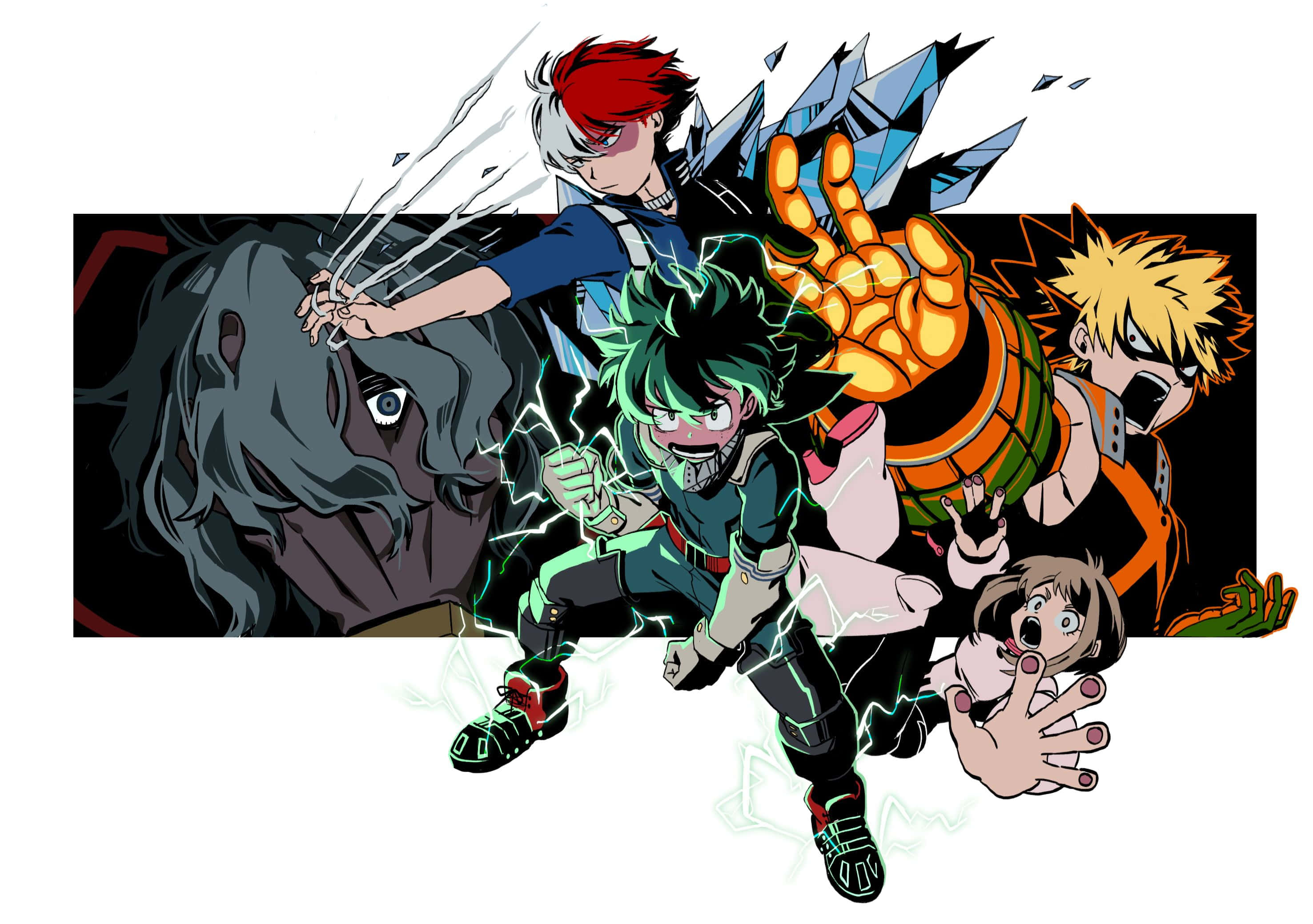 Deku And Todoroki 桌布 壁紙 — 動感動漫角色在黑暗背景下釋放帶有電能和晶體碎片的威力。