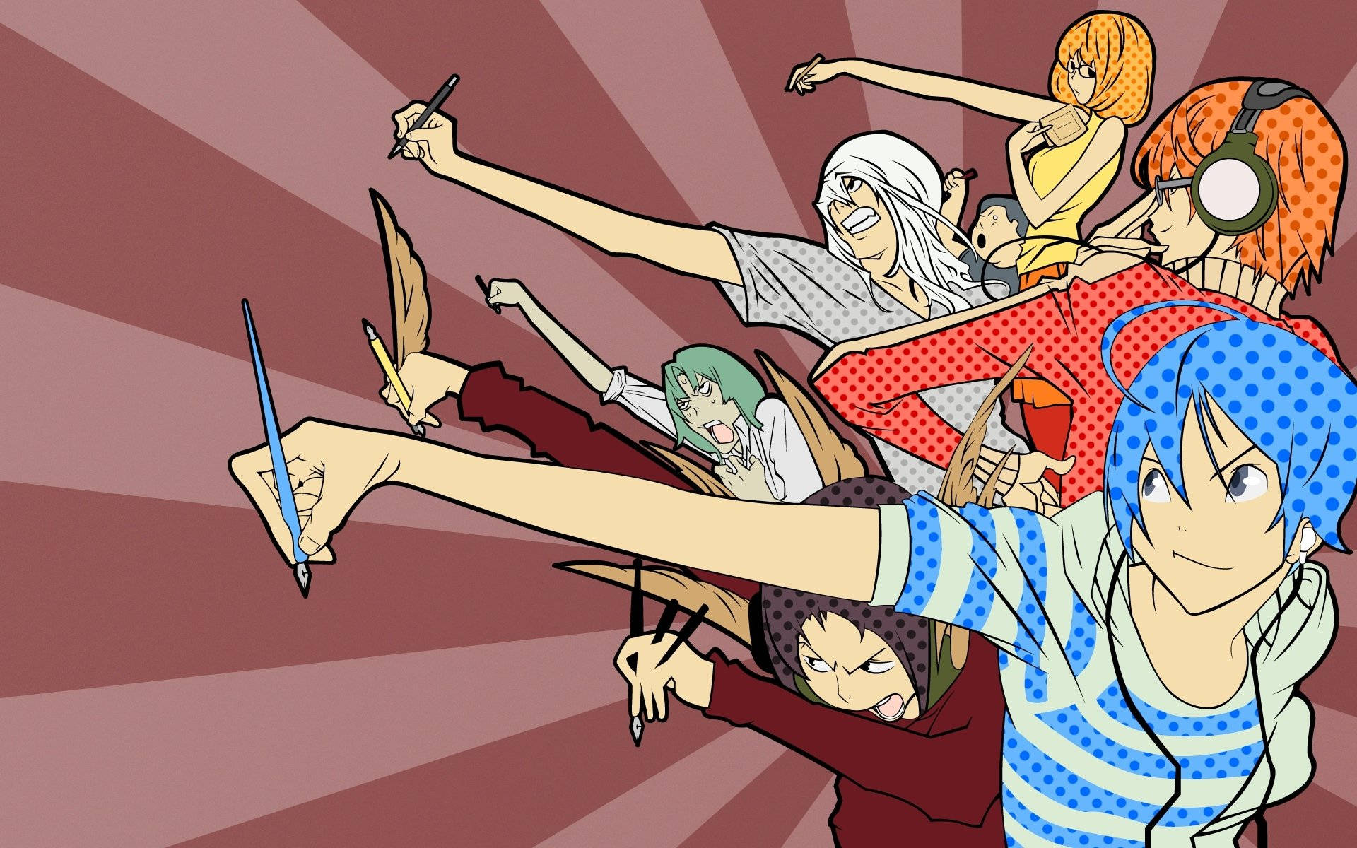 Bakuman 桌布 壁紙 — 動感動漫角色手持藝術工具，在鮮明紅色放射背景上向前衝刺。