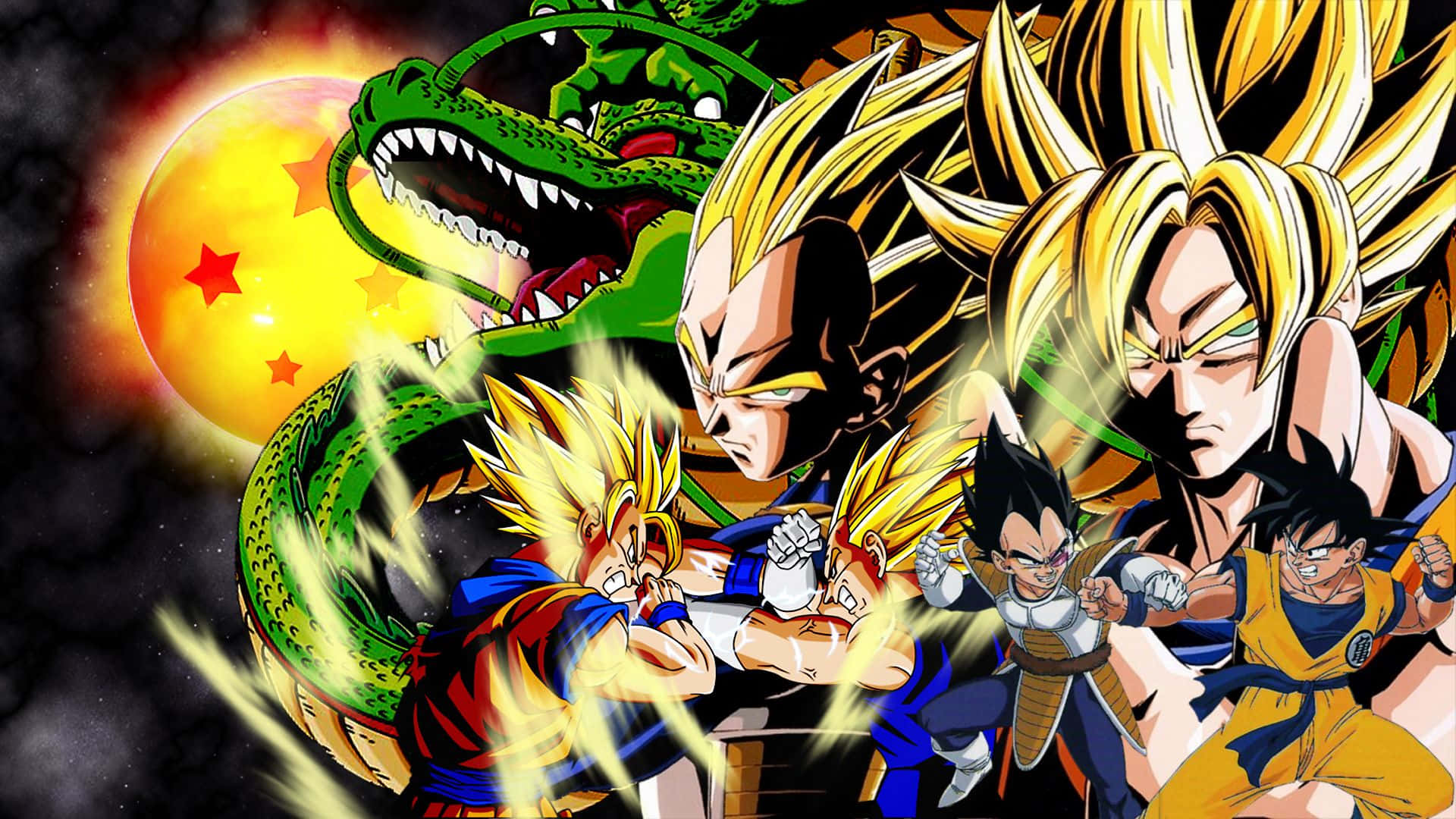 Vegeta Art 桌布 壁紙 — 動感動畫戰士以超級賽亞人形態與龍在熾熱星球背景下交鋒。