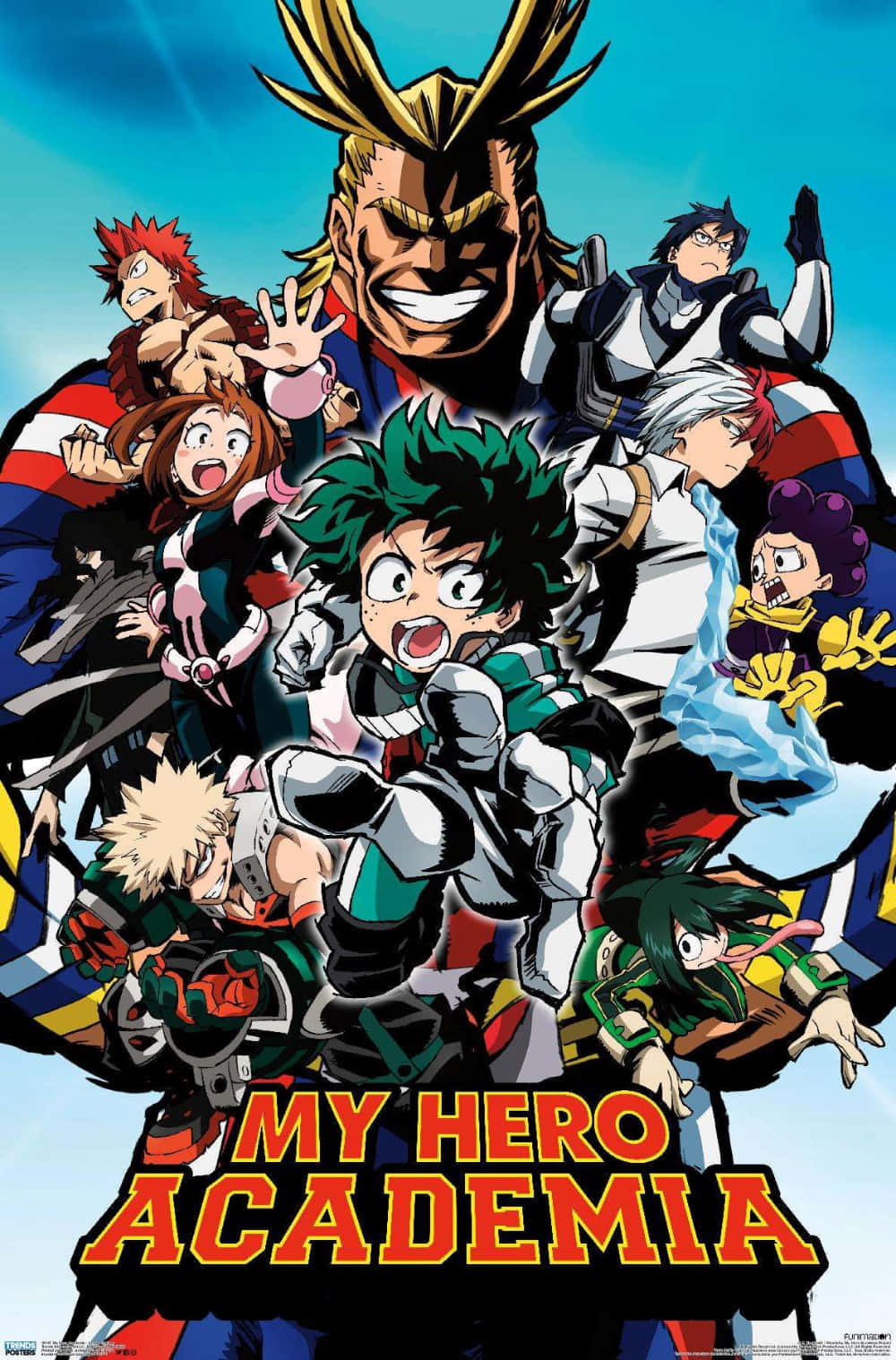My Hero Academia Anime 桌布 壁紙 — 動感動畫海報，以明亮的藍天為背景，展現《我的英雄學院》英雄們的動作姿態。