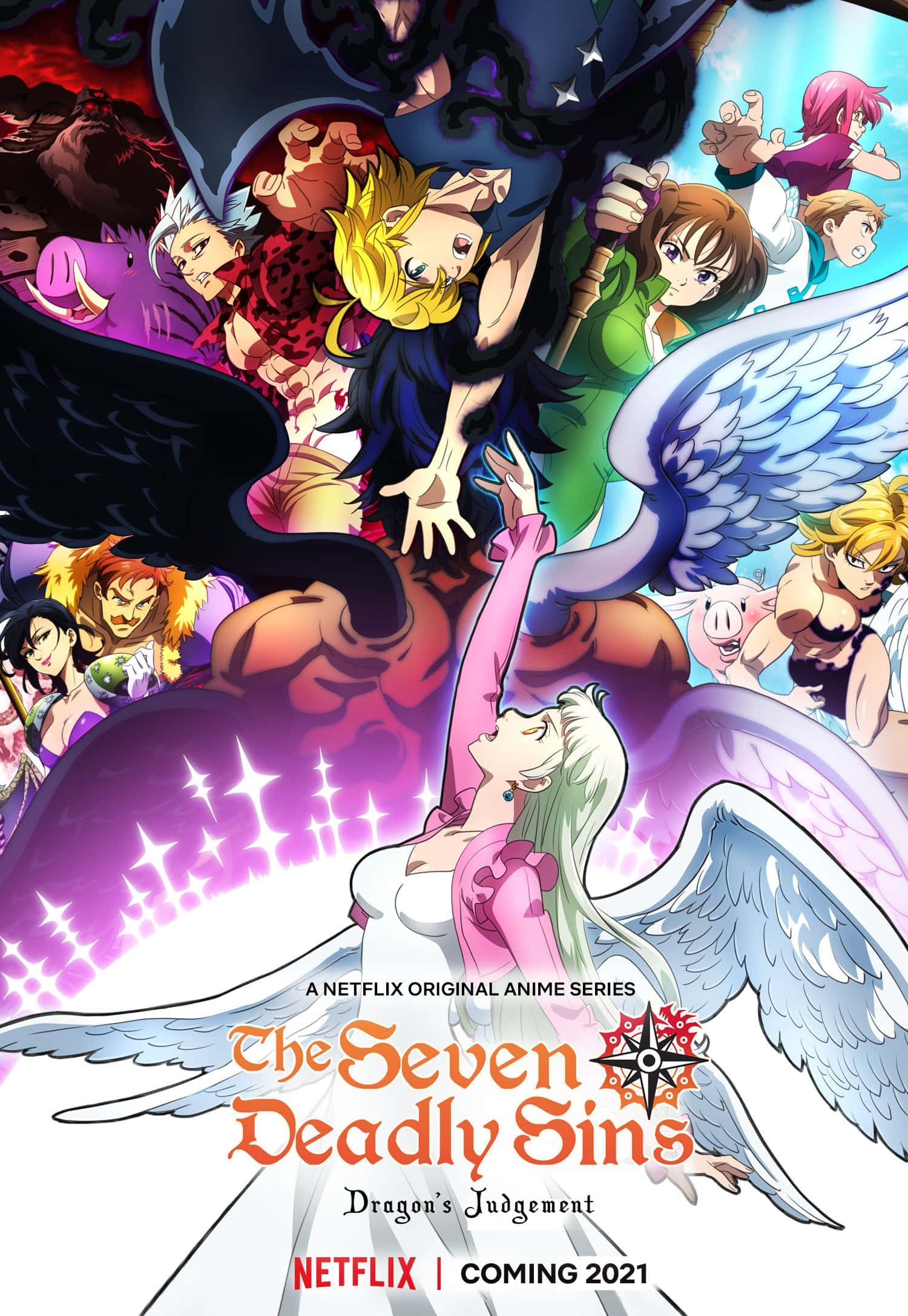 The Seven Deadly Sins 桌布 壁紙 — 動感動畫海報，描繪天使與惡魔角色在宇宙背景下擺出戲劇性姿勢。