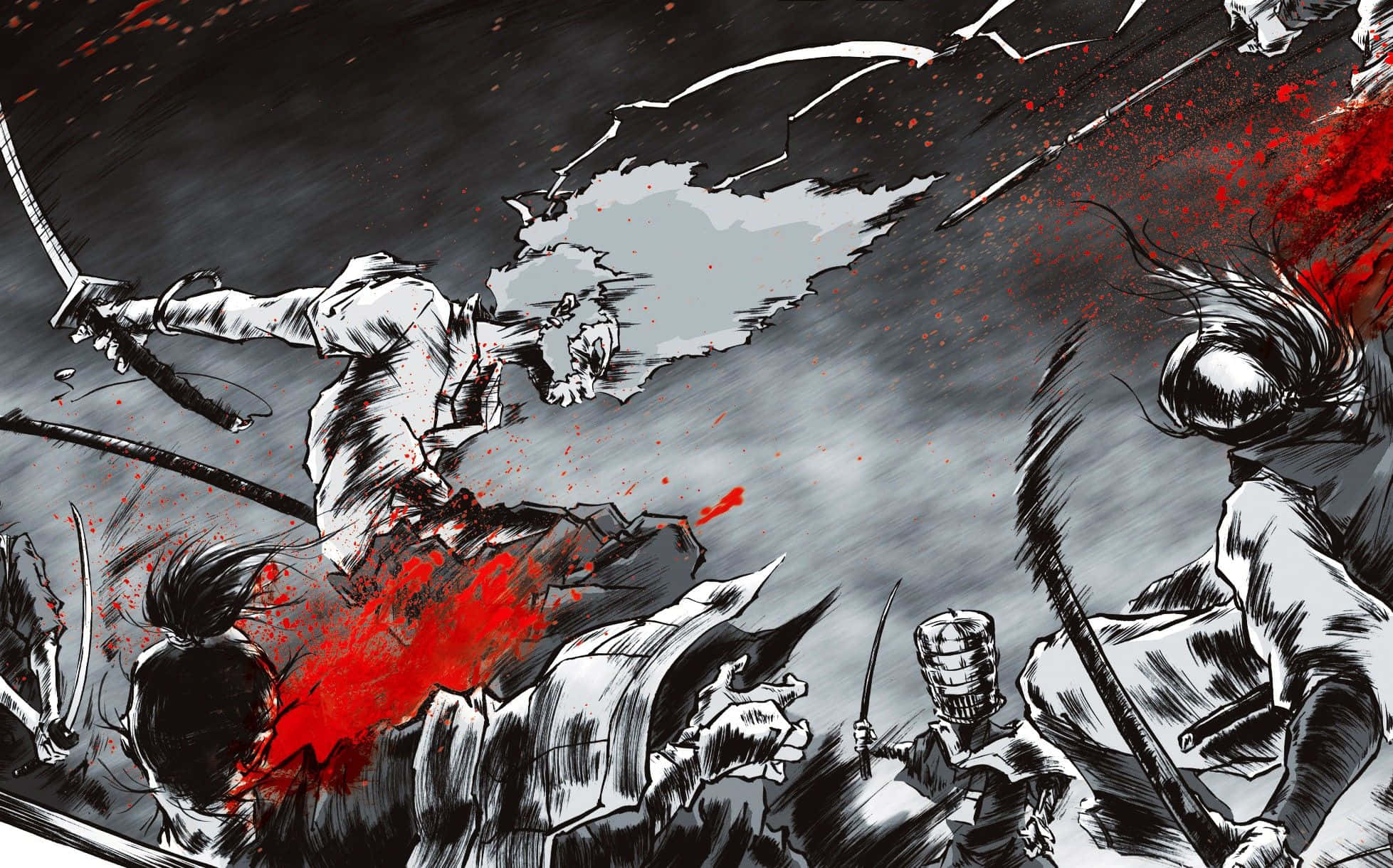 Afro Samurai 桌布 壁紙 — 動感動畫風格武士戰鬥，在暴風雨般的灰色背景上呈現鮮豔的紅色血濺效果。