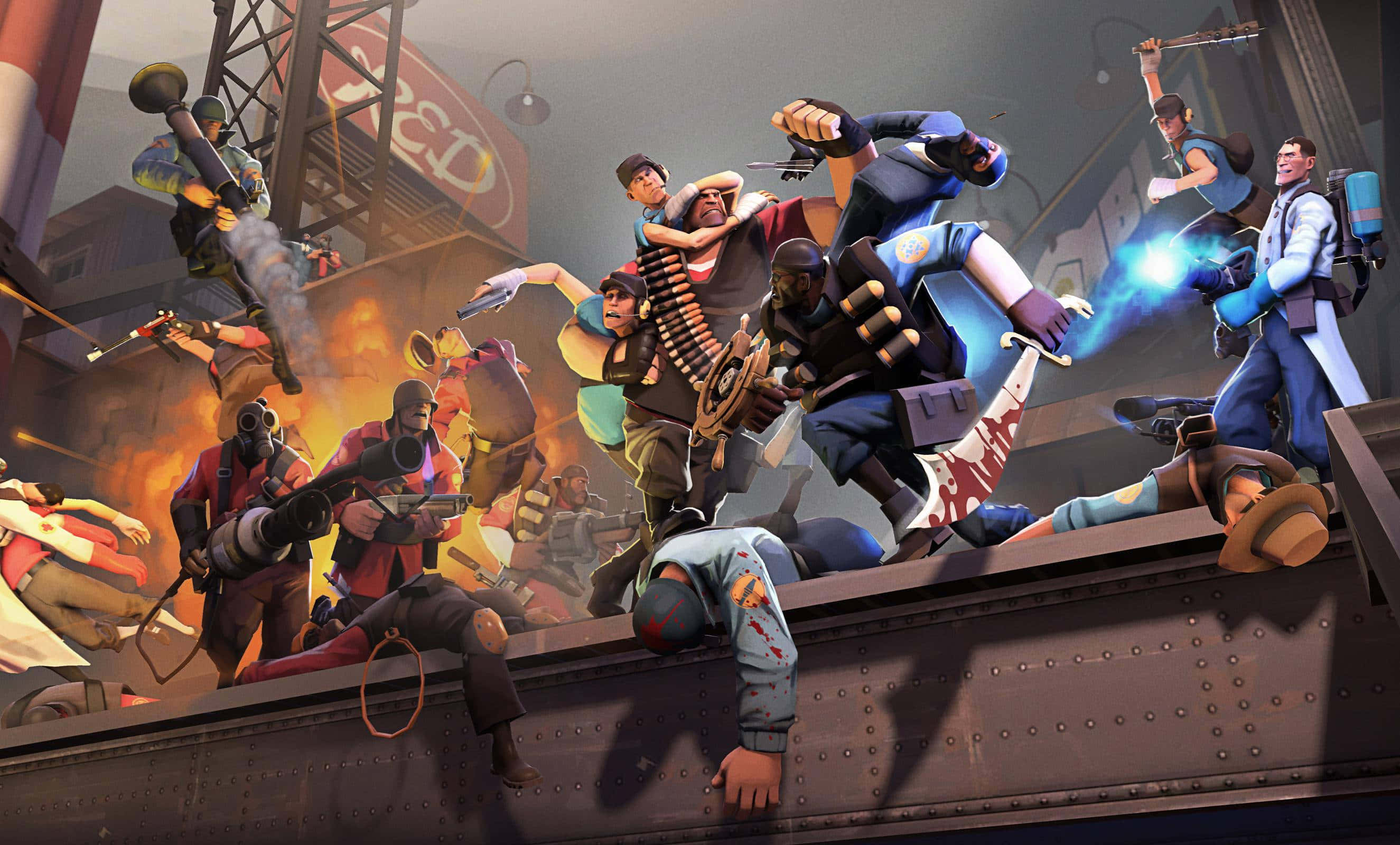 Tf2 桌布 壁紙 — 動感十足的《鬥陣特攻》團隊戰鬥場景，角色在金屬平台上於爆炸和槍火中展開行動。