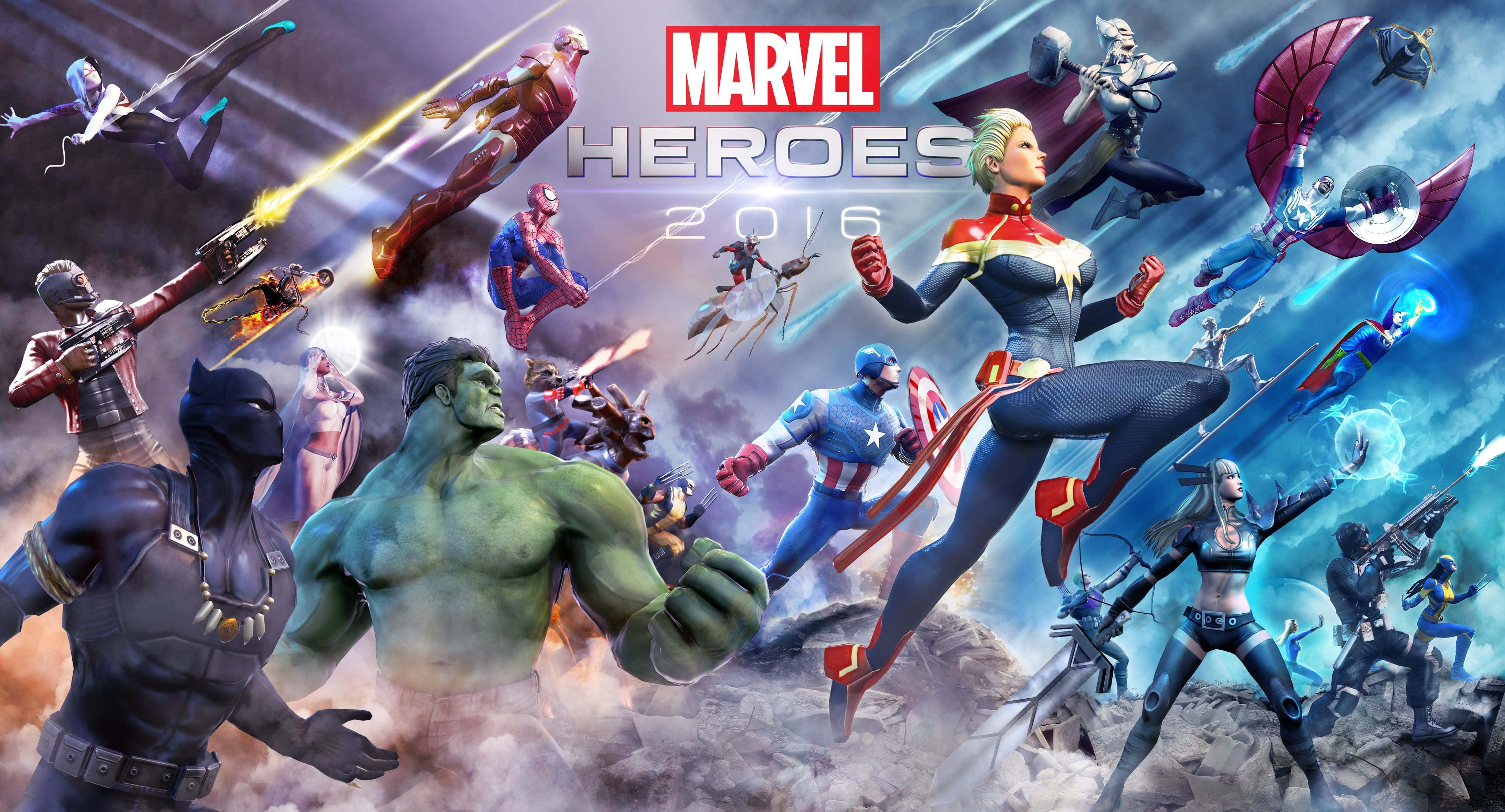 漫威 桌布 壁紙 — 動感十足的Marvel英雄如浩克、驚奇隊長和鋼鐵人在混亂的戰鬥場景中翱翔和碰撞。