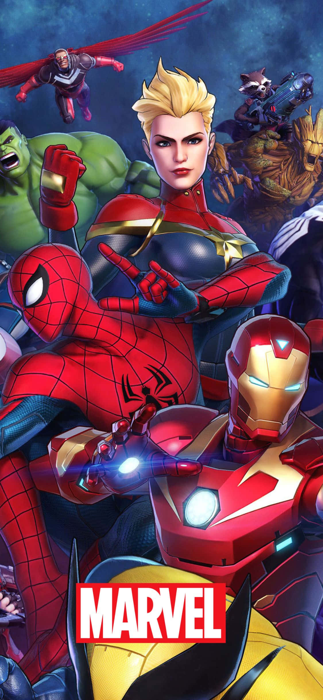 iPhone Xs Marvel 桌布 壁紙 — 動感十足的Marvel超級英雄如Captain Marvel和Iron Man，在帶有發光效果的宇宙背景下英勇地擺出姿勢。