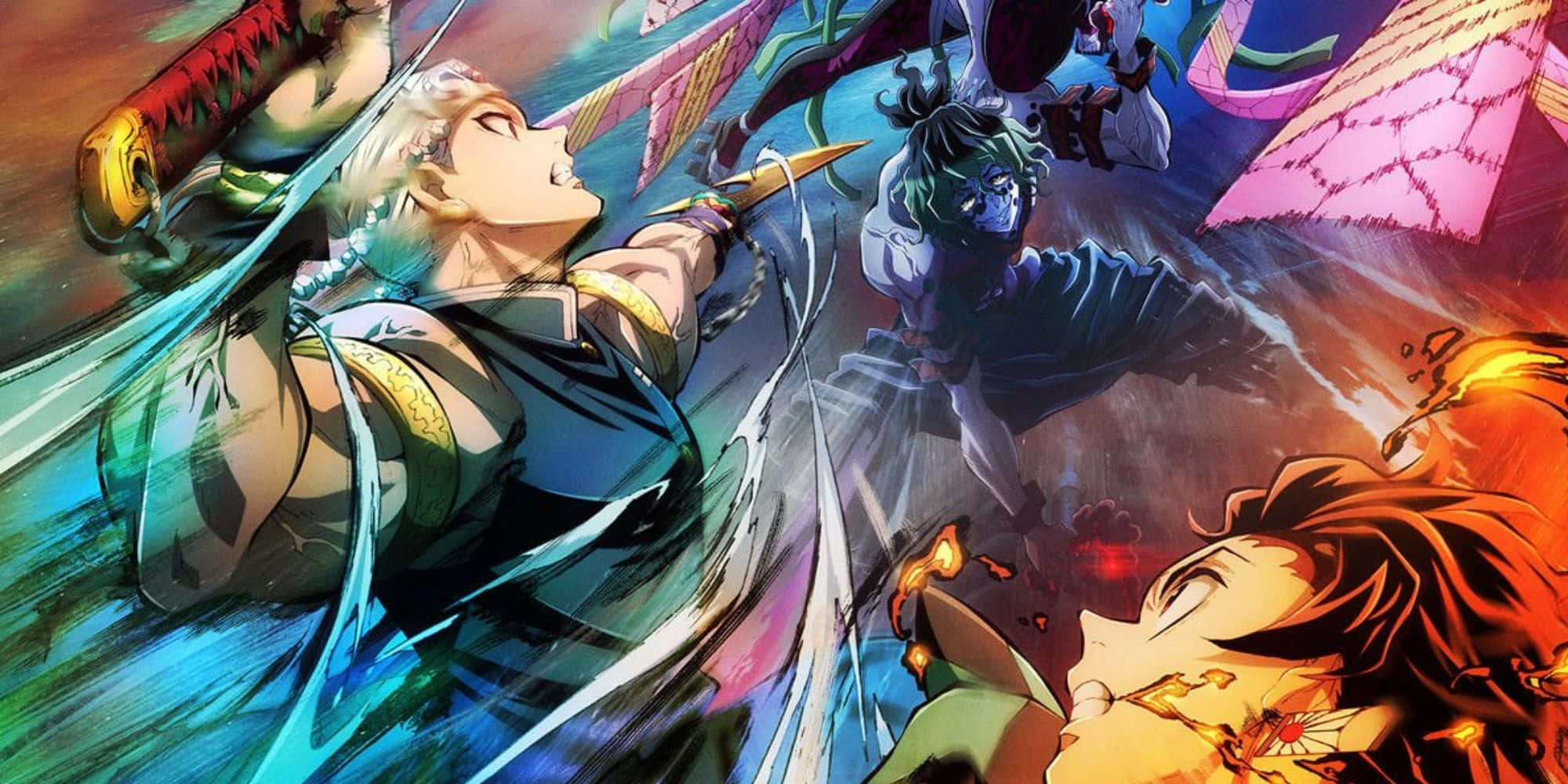 Demon Slayer Fight 桌布 壁紙 — 動感十足的動漫戰士在充滿活力的戰鬥中碰撞，伴隨著旋轉的能量和戲劇性的表情。