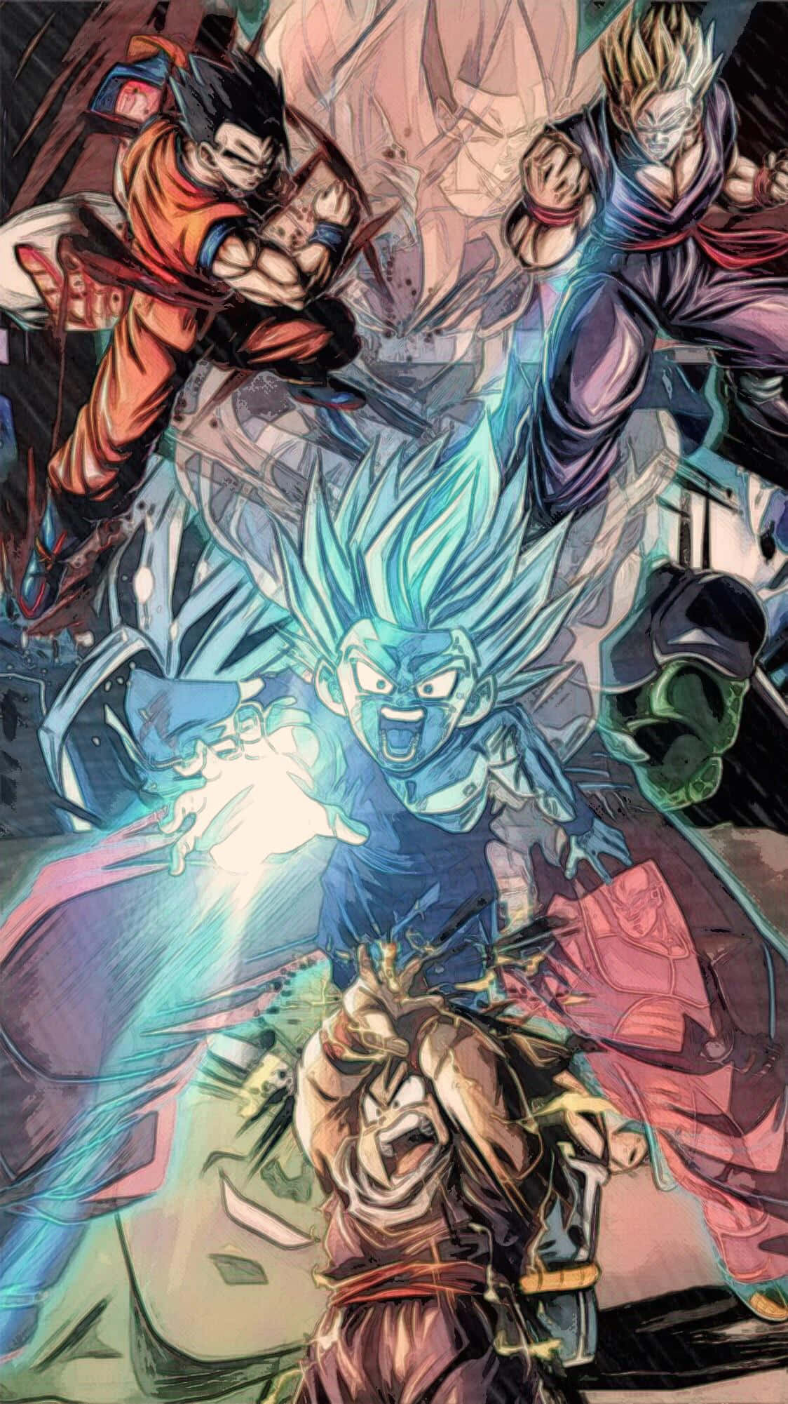 Teen Gohan 桌布 壁紙 — 動感十足的動漫戰士在充滿活力的能量戰鬥場景中碰撞，伴隨著發光的藍色和橙色能量爆發。