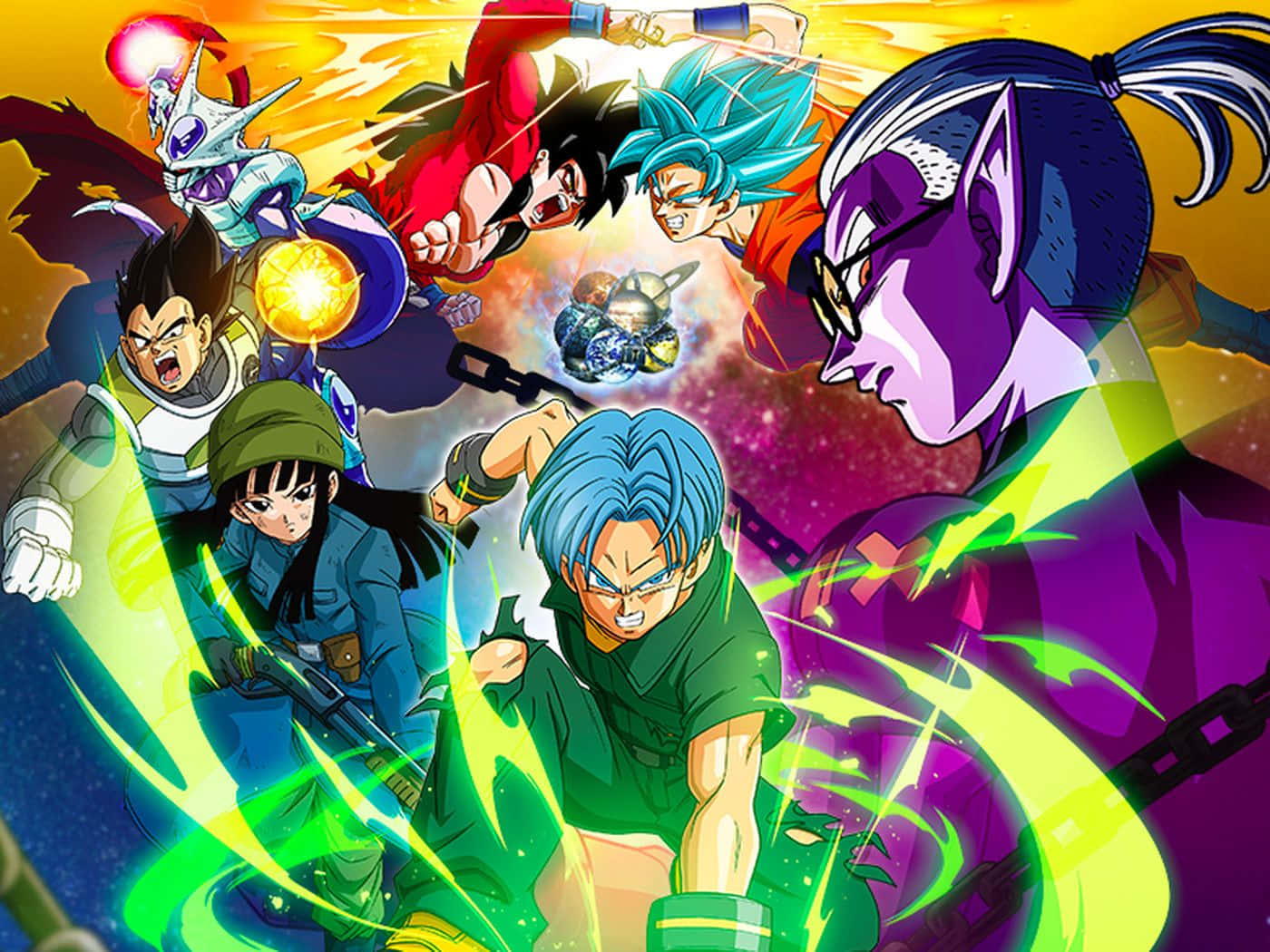 Dragon Ball Heroes 桌布 壁紙 — 動感十足的動漫戰士在星空的背景下，以發光的能量光束和鮮豔的爆炸進行宇宙大戰。