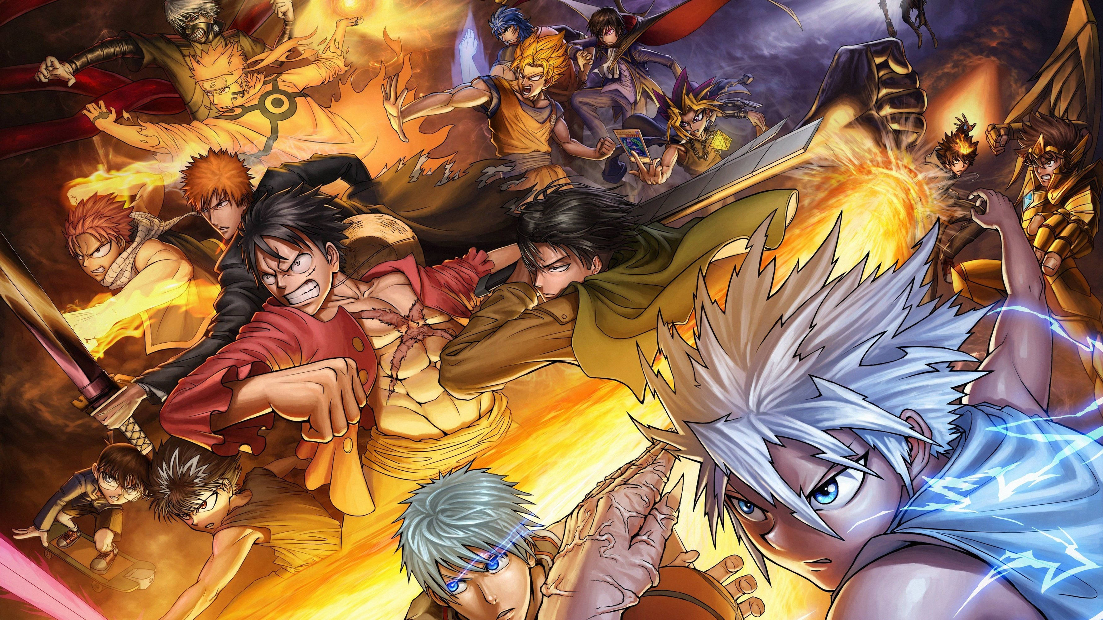 Hunter X Hunter 4K 桌布 壁紙 — 動感十足的動漫戰士在熾熱的戰鬥中碰撞，伴隨著發光的能量效果和激烈的表情。