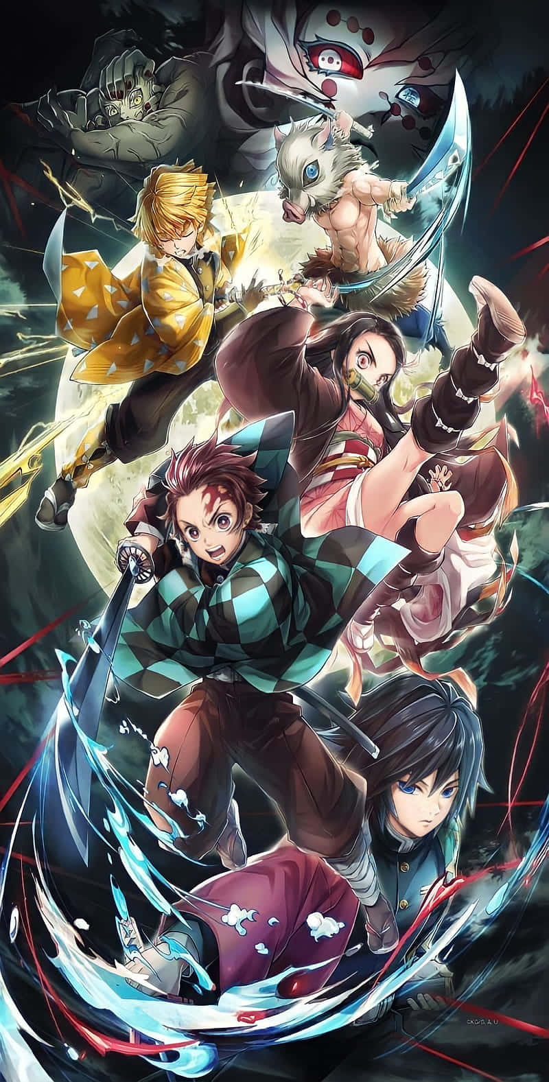 Demon Slayer Group 桌布 壁紙 — 動感十足的動漫戰士在黑暗森林中碰撞，閃耀的劍和超自然能量在他們周圍旋轉。