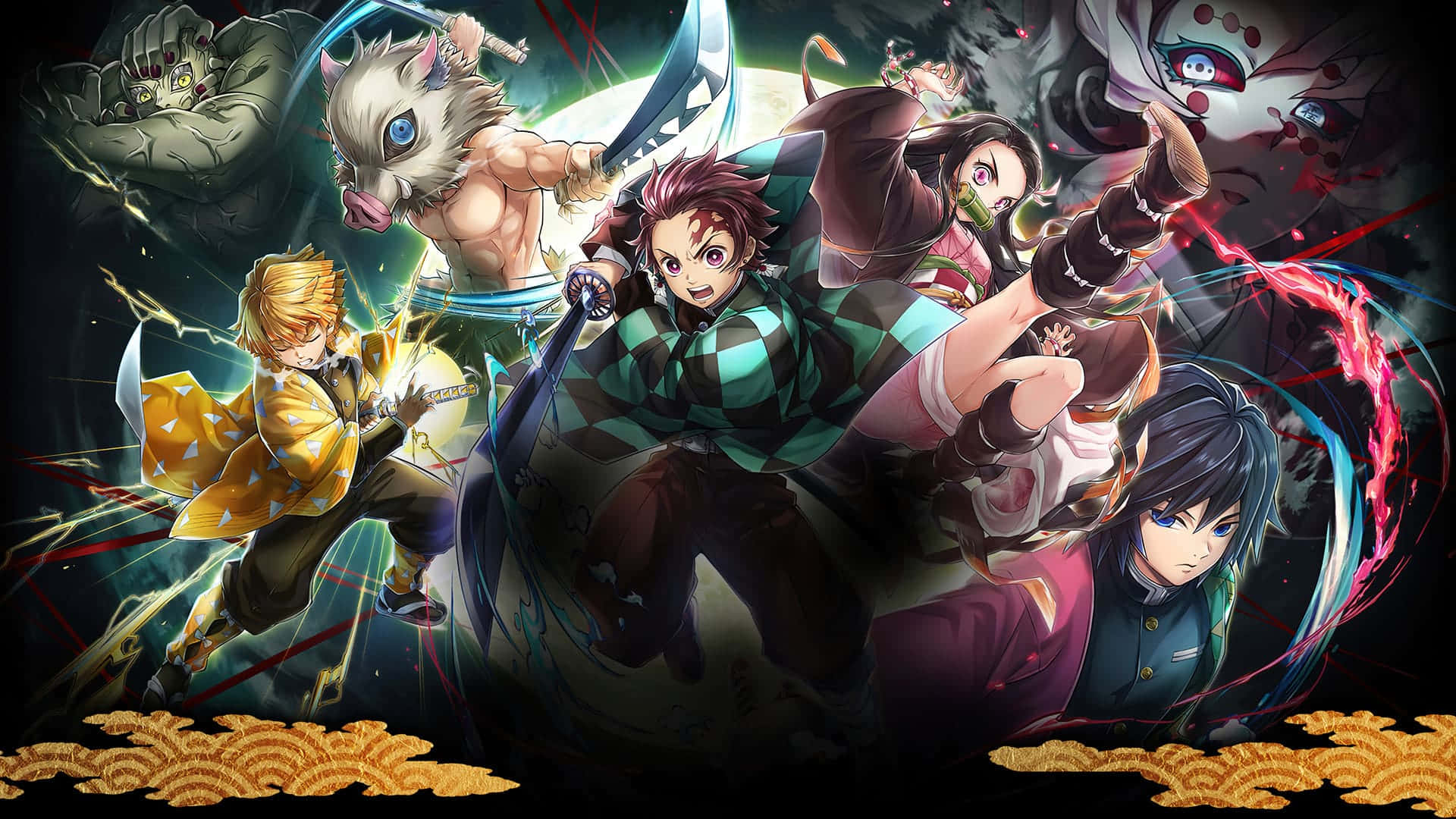 鬼滅之刃 桌布 壁紙 — 動感十足的動漫戰士與怪物惡魔在充滿活力的動作場景中激烈交鋒，伴隨著發光的能量效果。