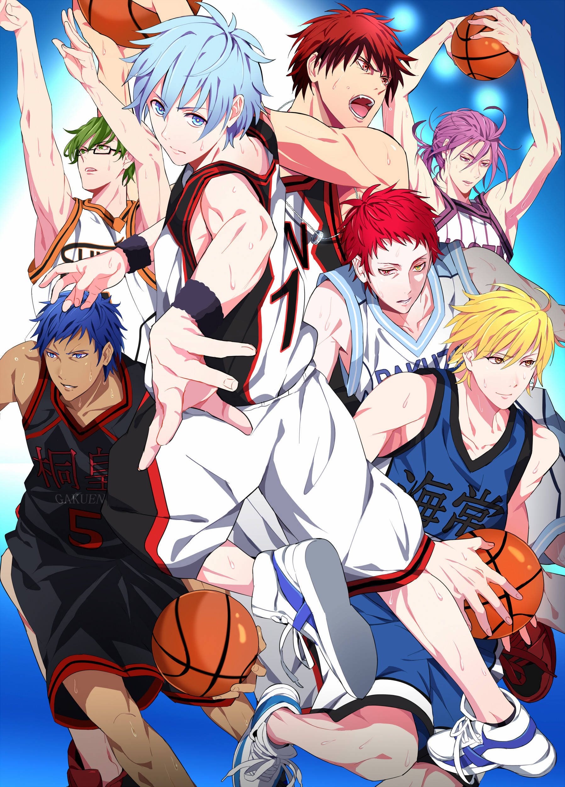 Kuroko 桌布 壁紙 — 動感十足的動漫籃球運動員，色彩鮮豔，表情激烈。