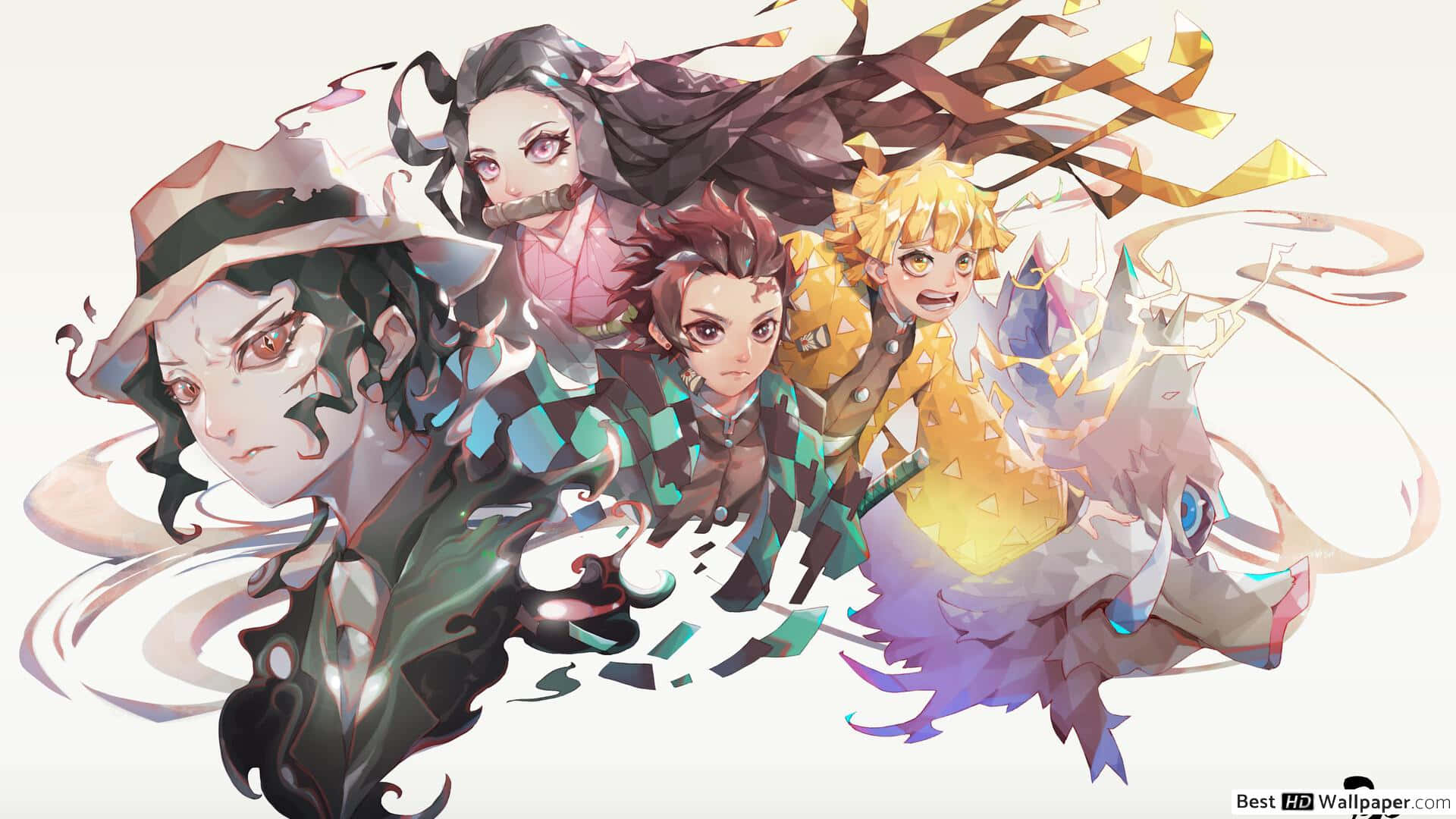 Demon Slayer Laptop 桌布 壁紙 — 動感十足的動漫角色，擁有飄逸的頭髮和鮮豔的色彩，以風格化的動作姿勢向前衝刺。