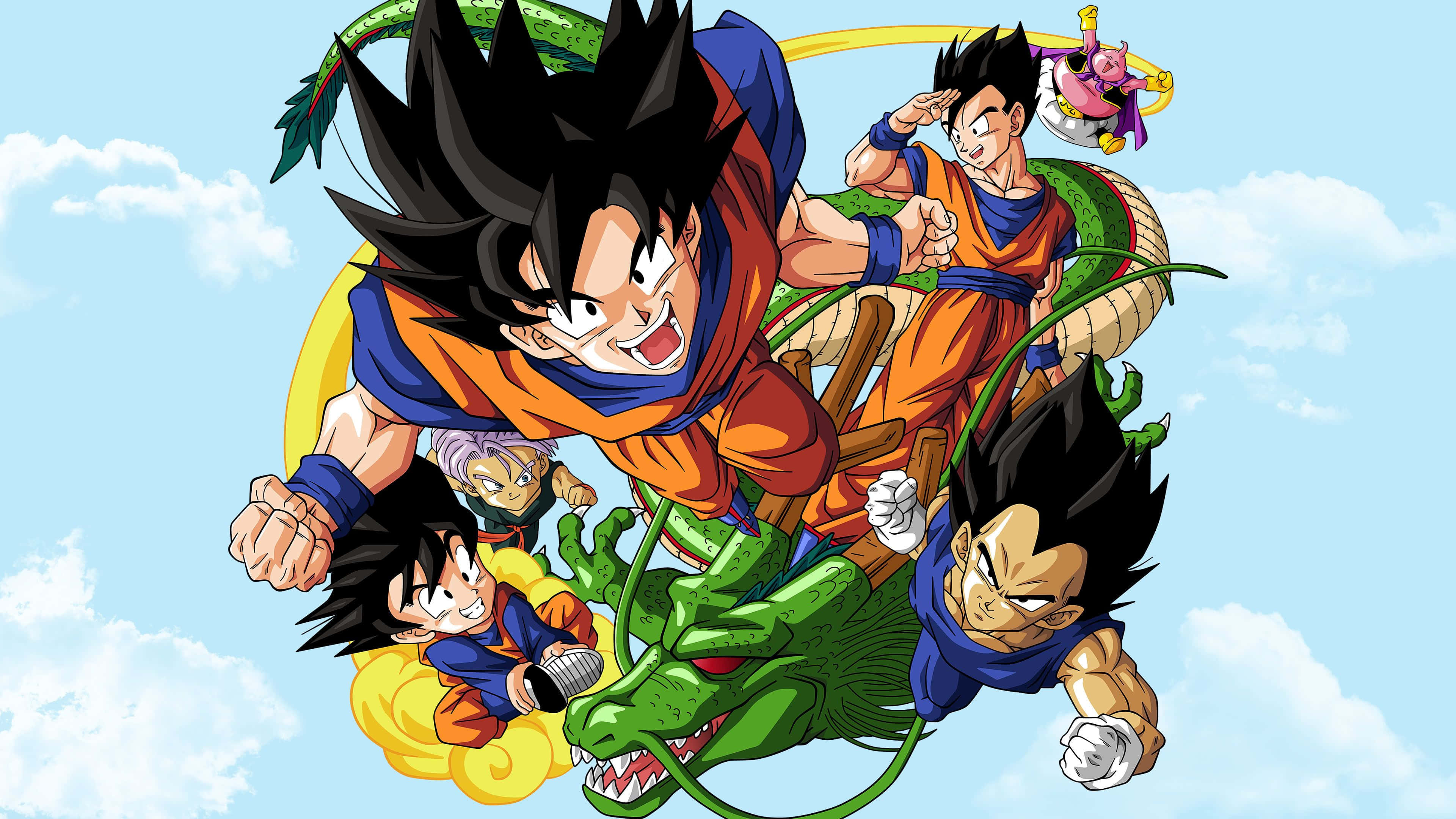 Dragon Ball Fighterz 桌布 壁紙 — 動感十足的動漫角色乘著綠色巨龍在明亮的天空中翱翔，下方有雲朵。