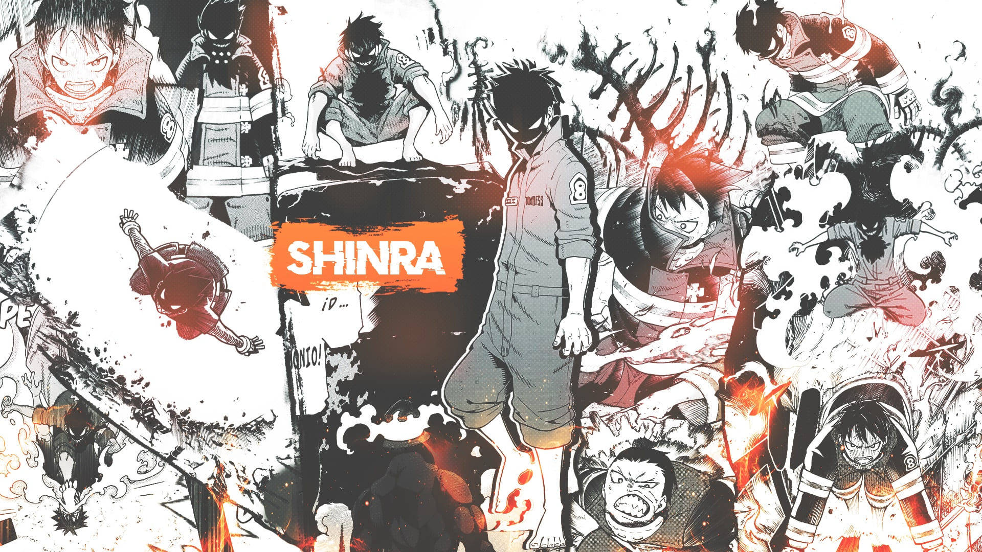 Shinra 桌布 壁紙 — 動感十足的動漫角色以激烈的動作姿勢呈現，伴隨著熾熱的爆炸和圍繞「SHINRA」一詞的醒目黑白墨水飛濺。