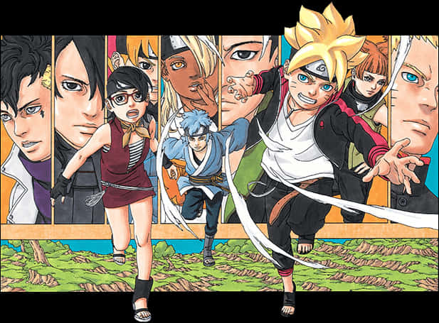 Boruto And Naruto 桌布 壁紙 — 動感十足的動漫角色以粗線條和鮮豔色彩在充滿活力的動作場景中向前躍進。