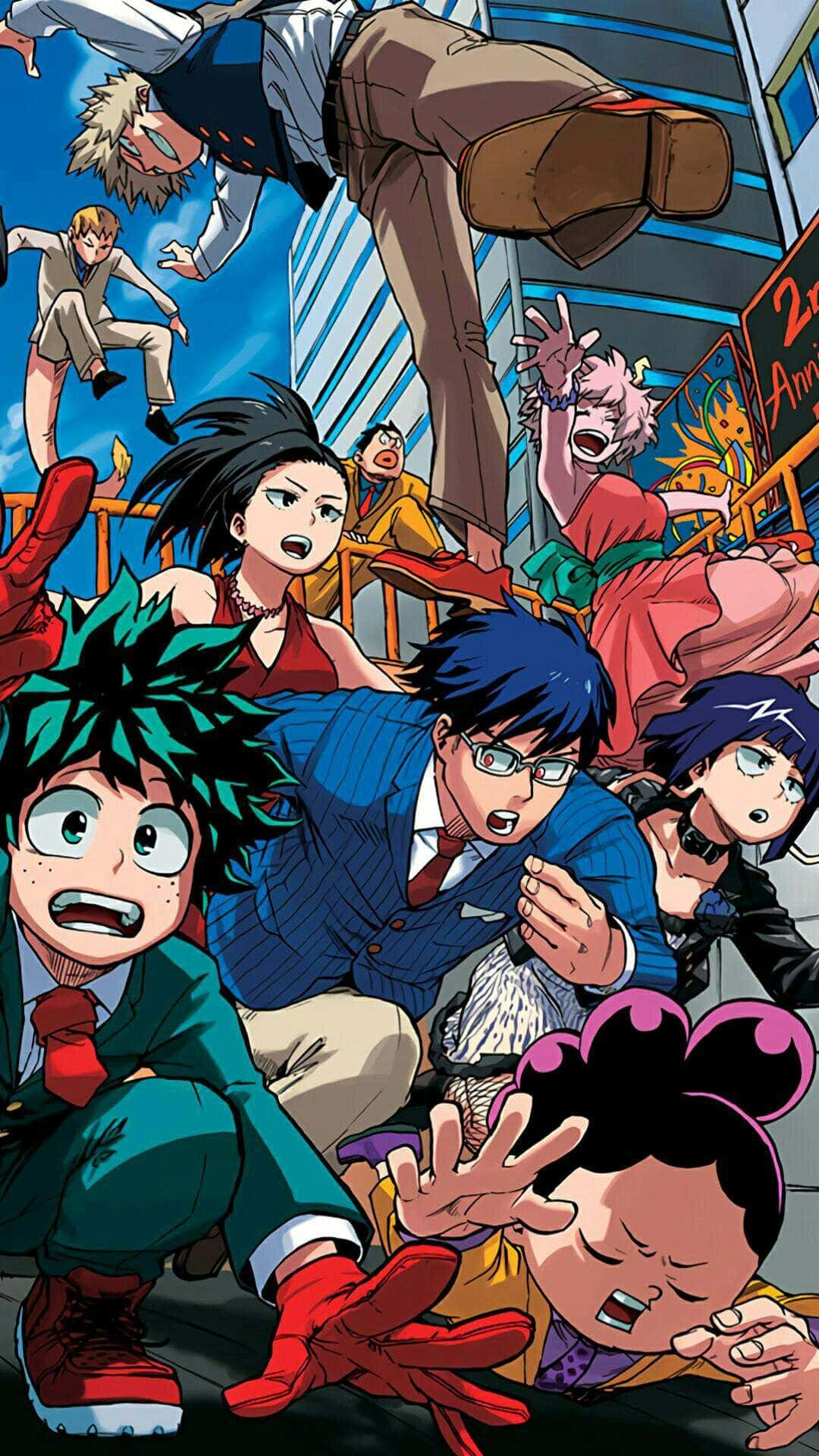 My Hero Academia Anime 桌布 壁紙 — 動感十足的動漫角色在充滿活力的城市背景下，以粗線條和鮮豔色彩呈現混亂的動作場面。